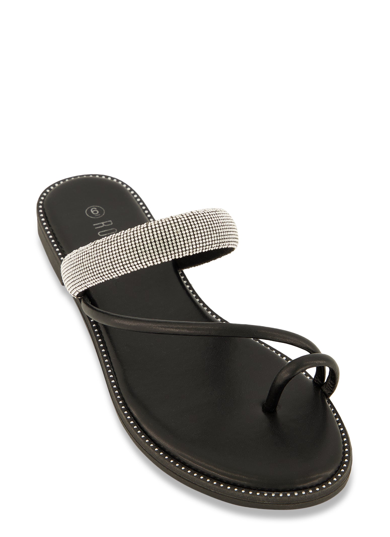 Womens Toe Loop Studded Rhinestone Band Slide Sandals, Black,