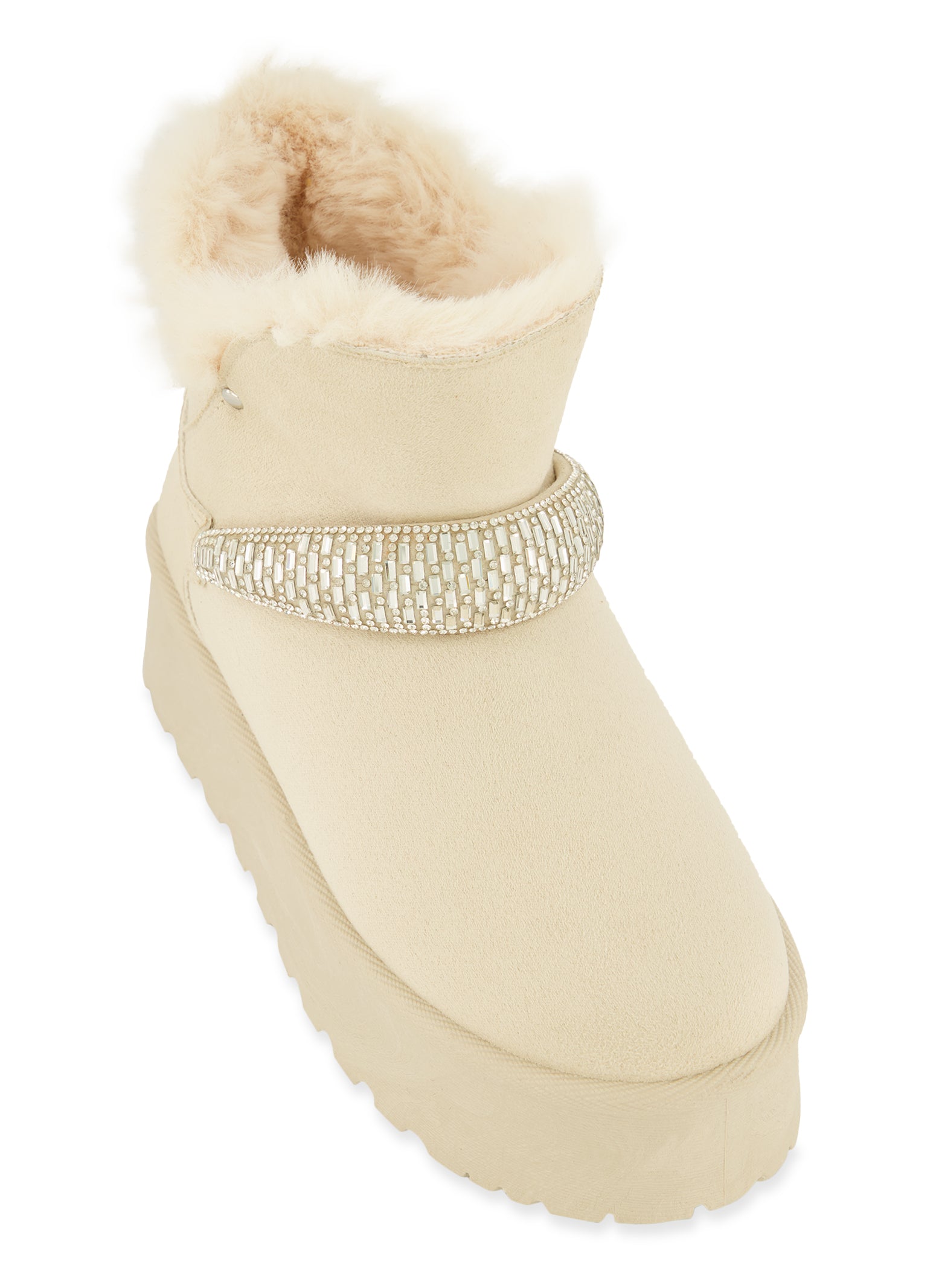 Womens Rhinestone Trim Faux Fur Lined Platform Booties, Beige,