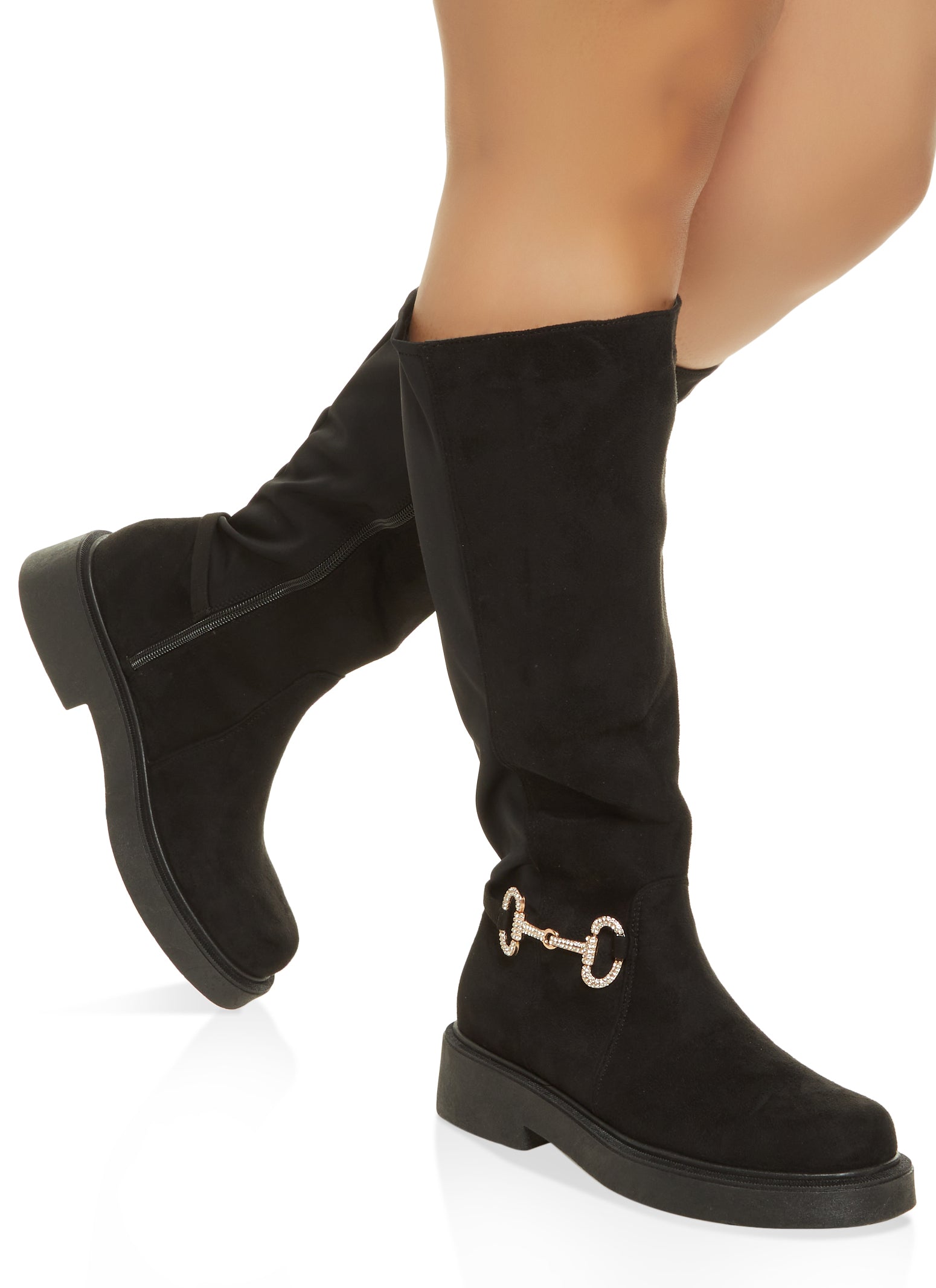 Womens Rhinestone Horsebit Zip Wide Calf Boots, Black,