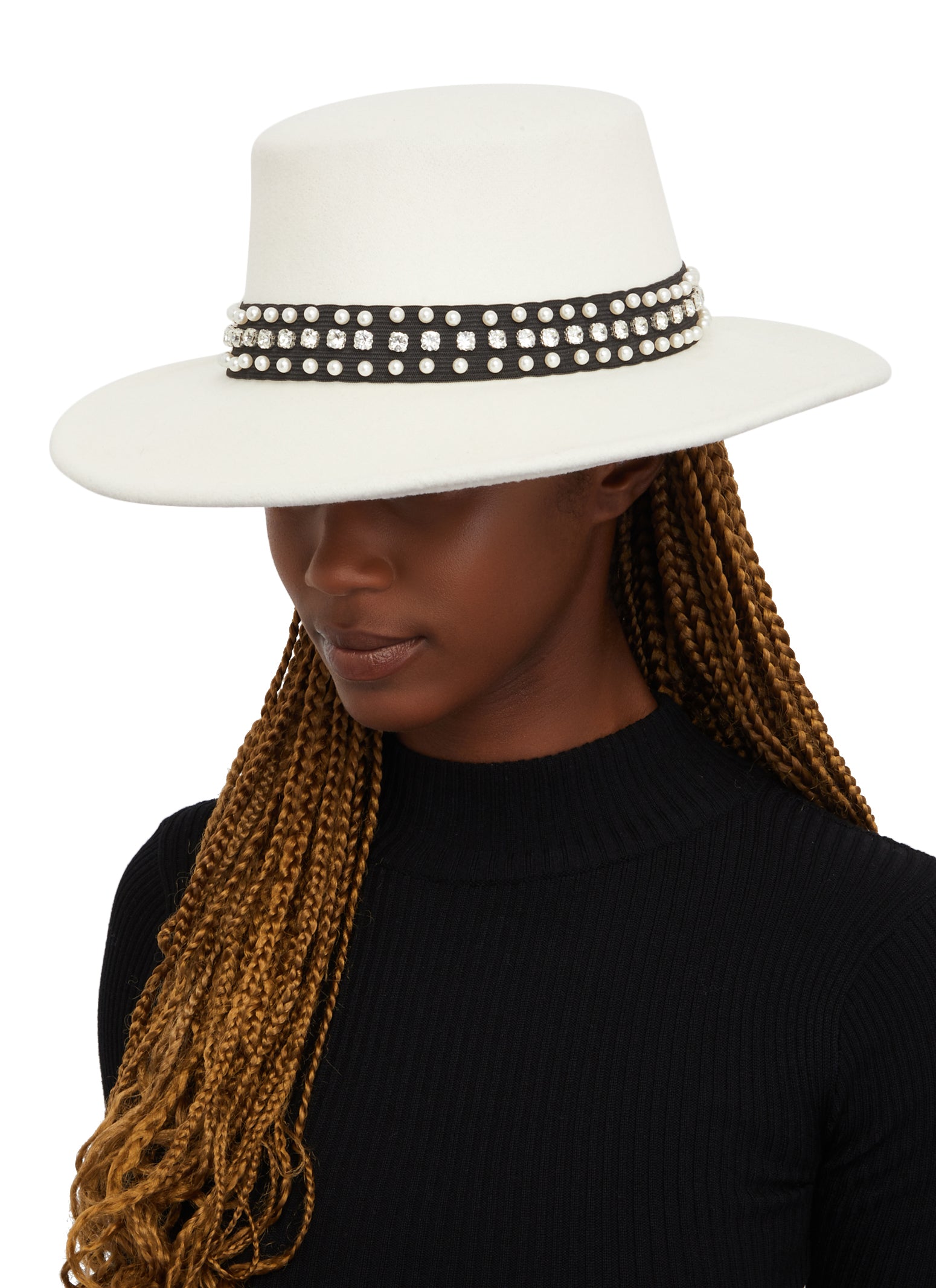 Womens Faux Pearl Ribbon Trim Bolero Hat, White
