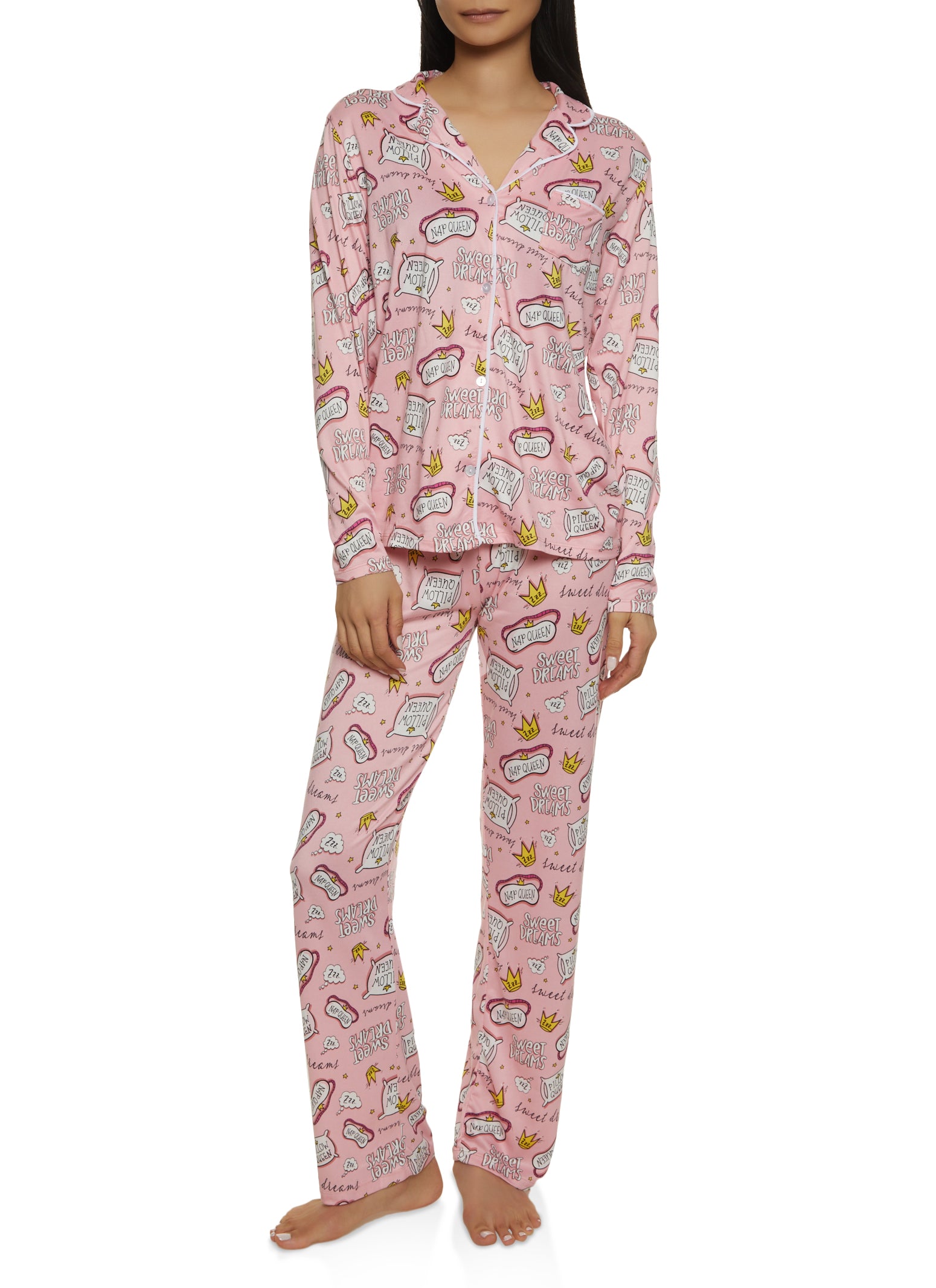 Womens Sweet Dreams Print Notch Collar Pajama Shirt and Pants, Pink, Size M