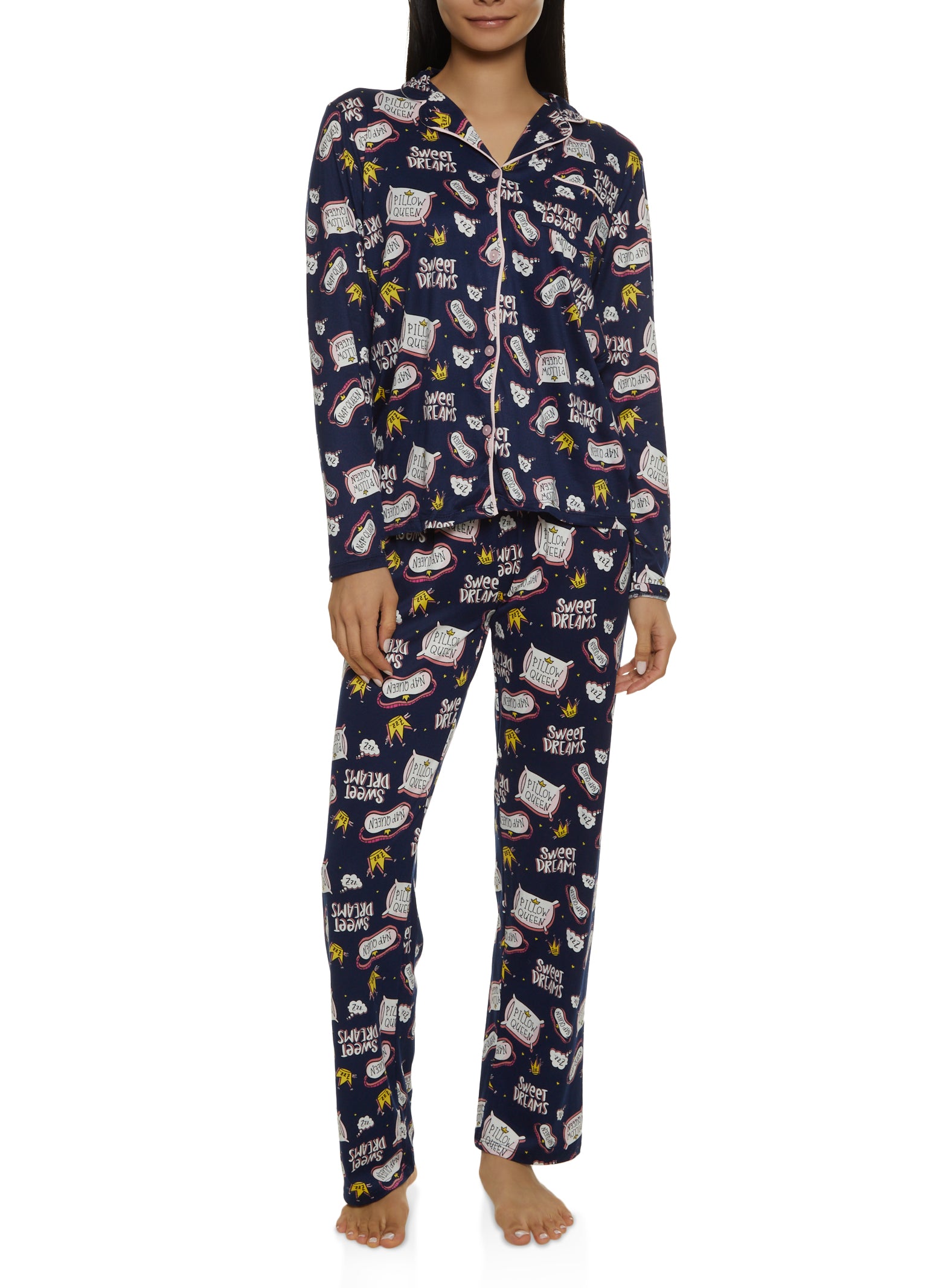 Womens Sweet Dreams Print Notch Collar Pajama Shirt and Pants, Blue, Size S