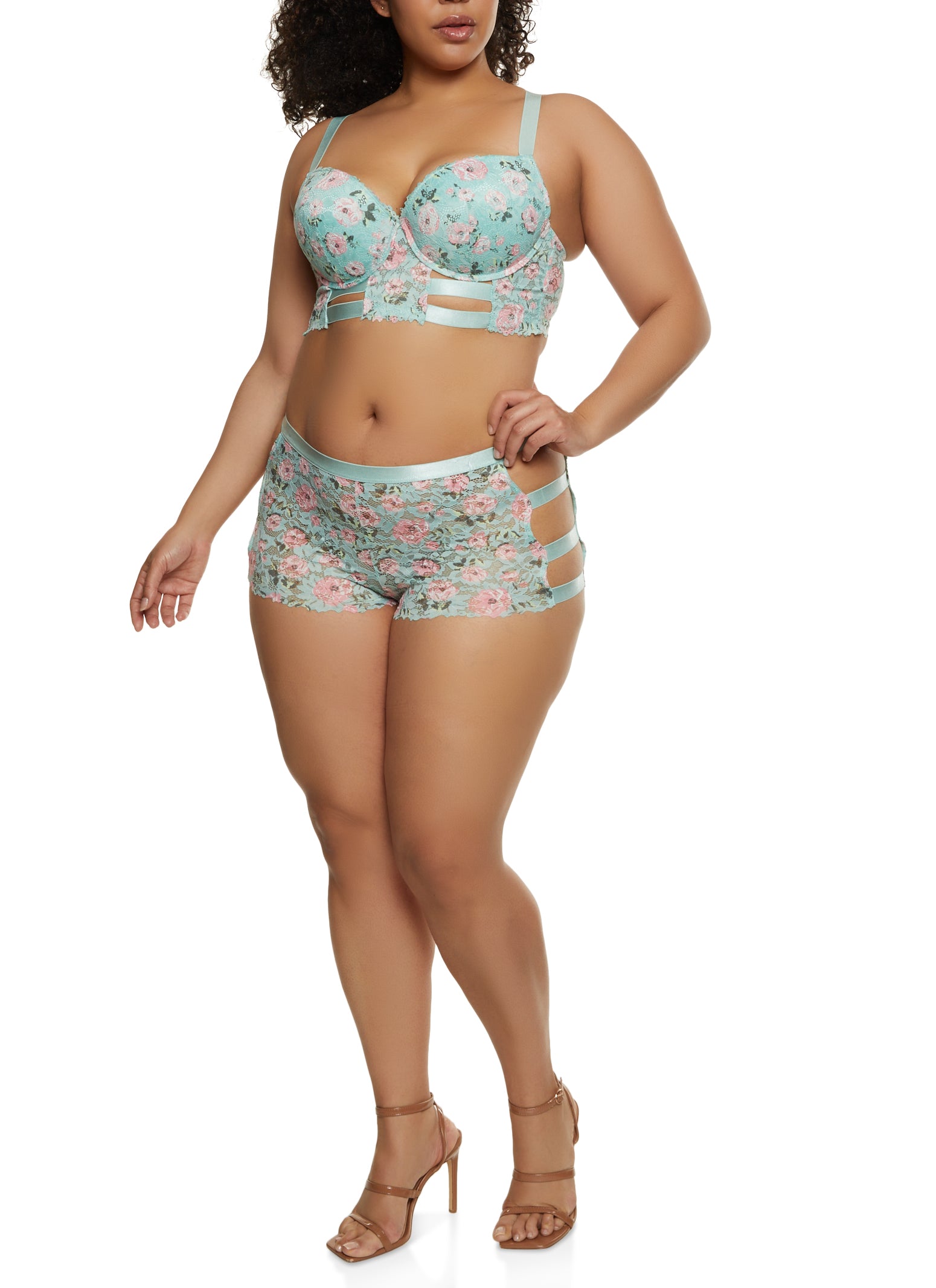 Plus Size Lace Floral Print Caged Longline Bra - Mint