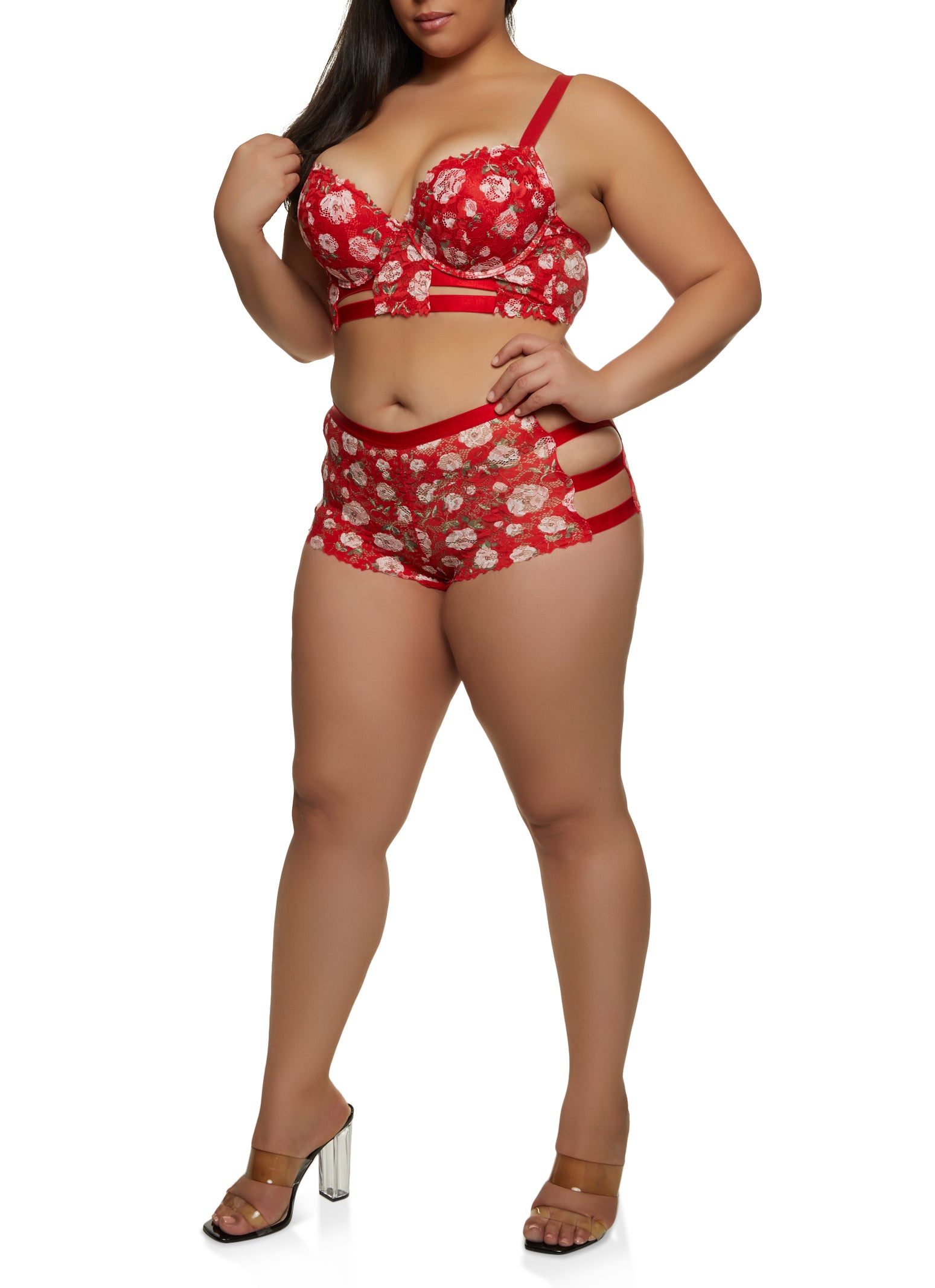 Rainbow Shops Womens Plus Size Floral Print Caged Longline Bra, Red, Size  38C