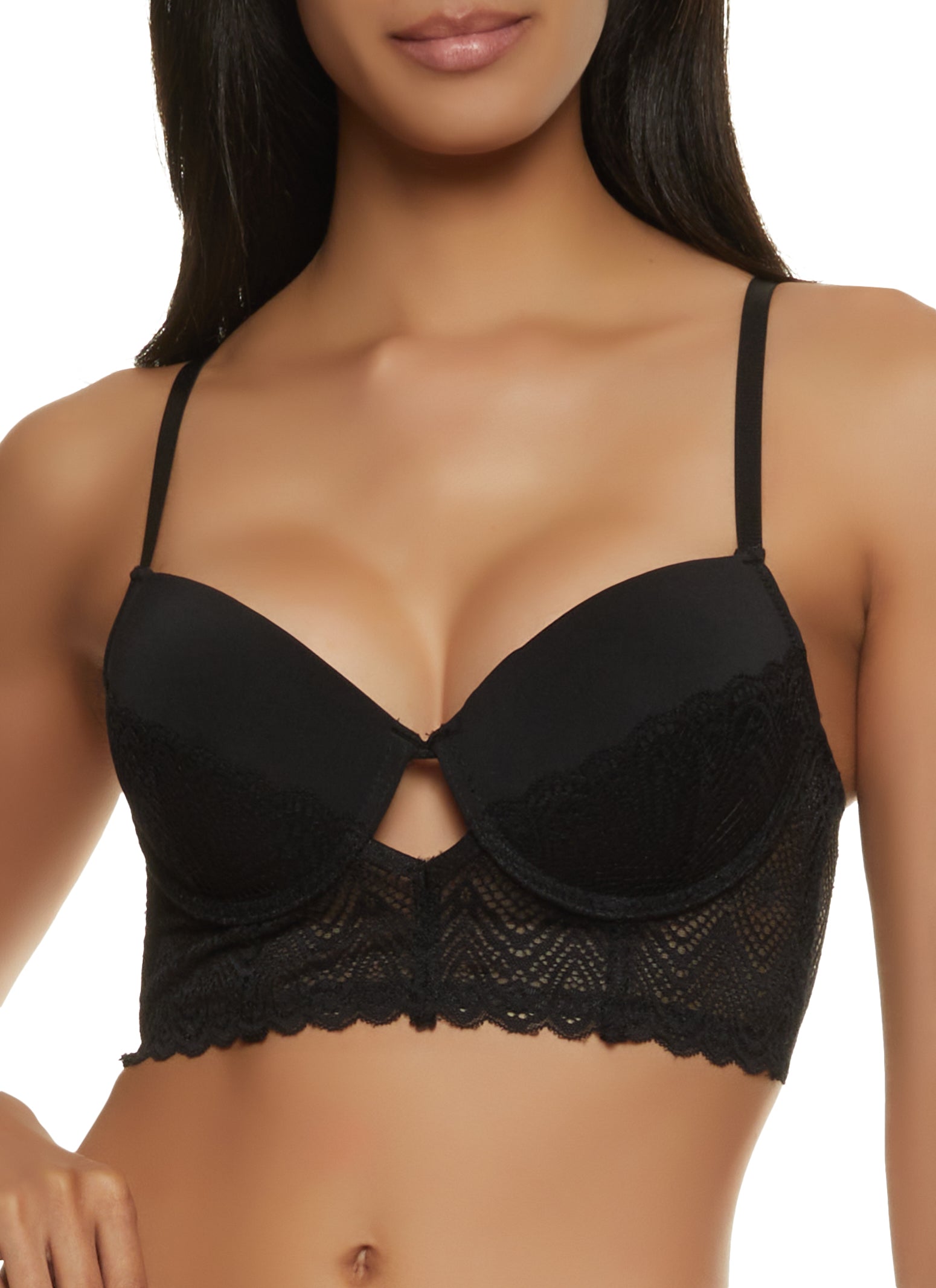 Ribbon Trim Fishnet Detail Lace Plunge Bra