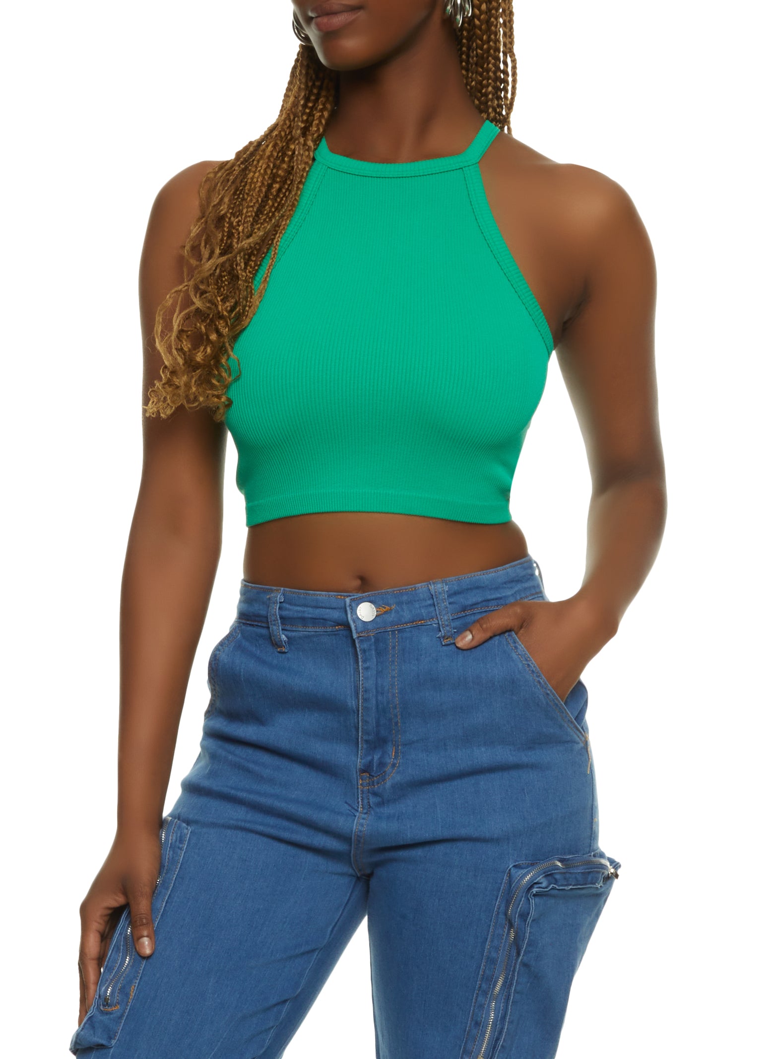 Womens Seamless High Neck Cropped Cami, Green, Size S-M