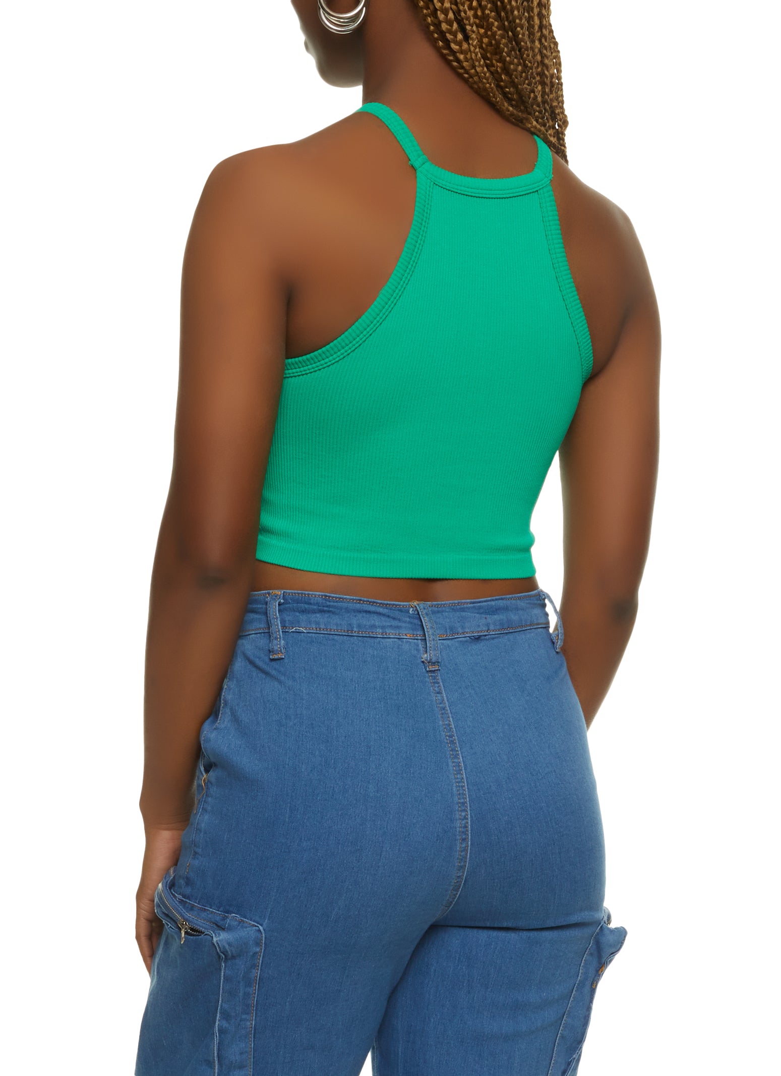 Womens Seamless High Neck Cropped Cami, Green, Size S-M