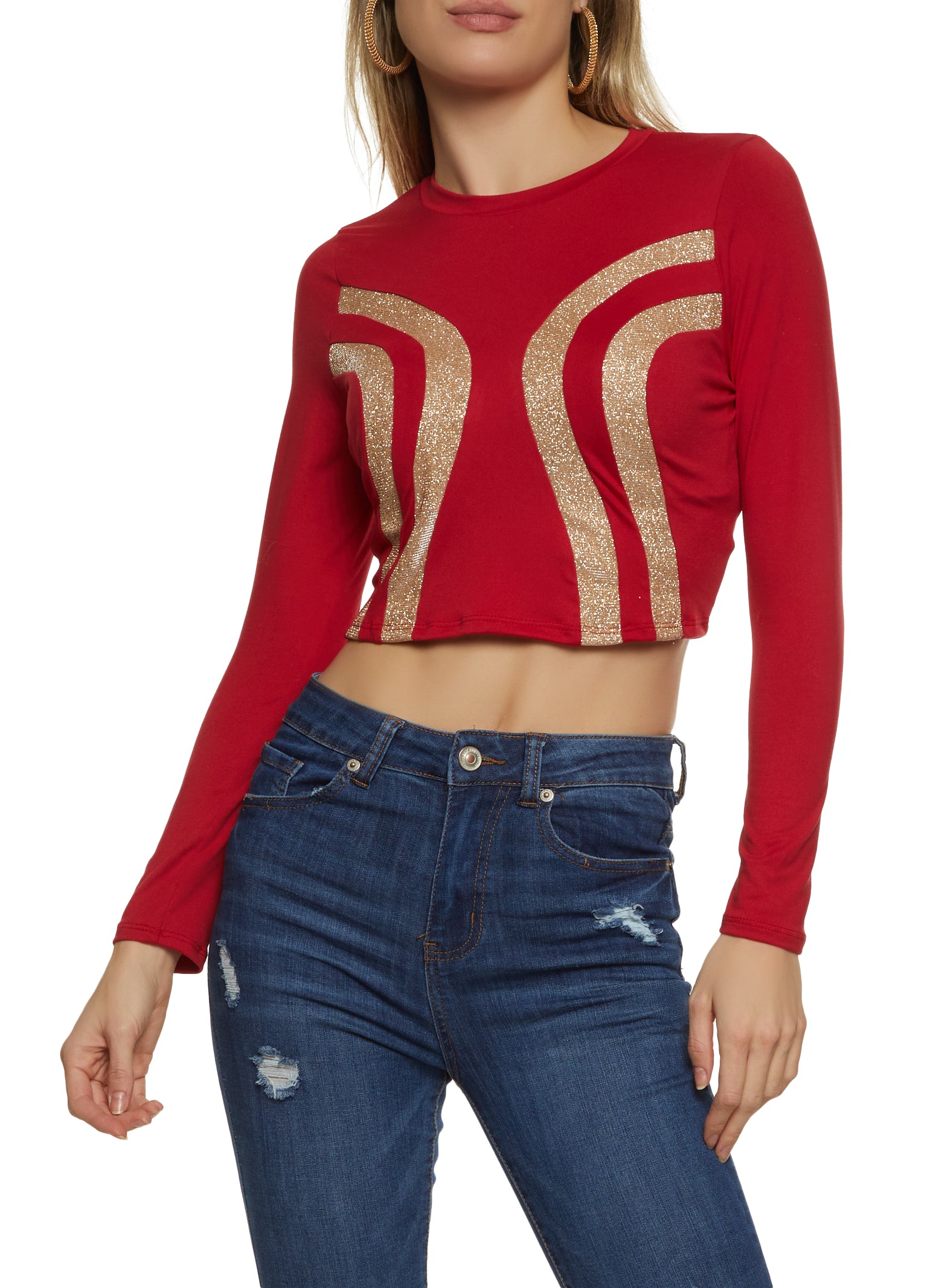 Womens Glitter Patterned Long Sleeve Crop Top, Red, Size S