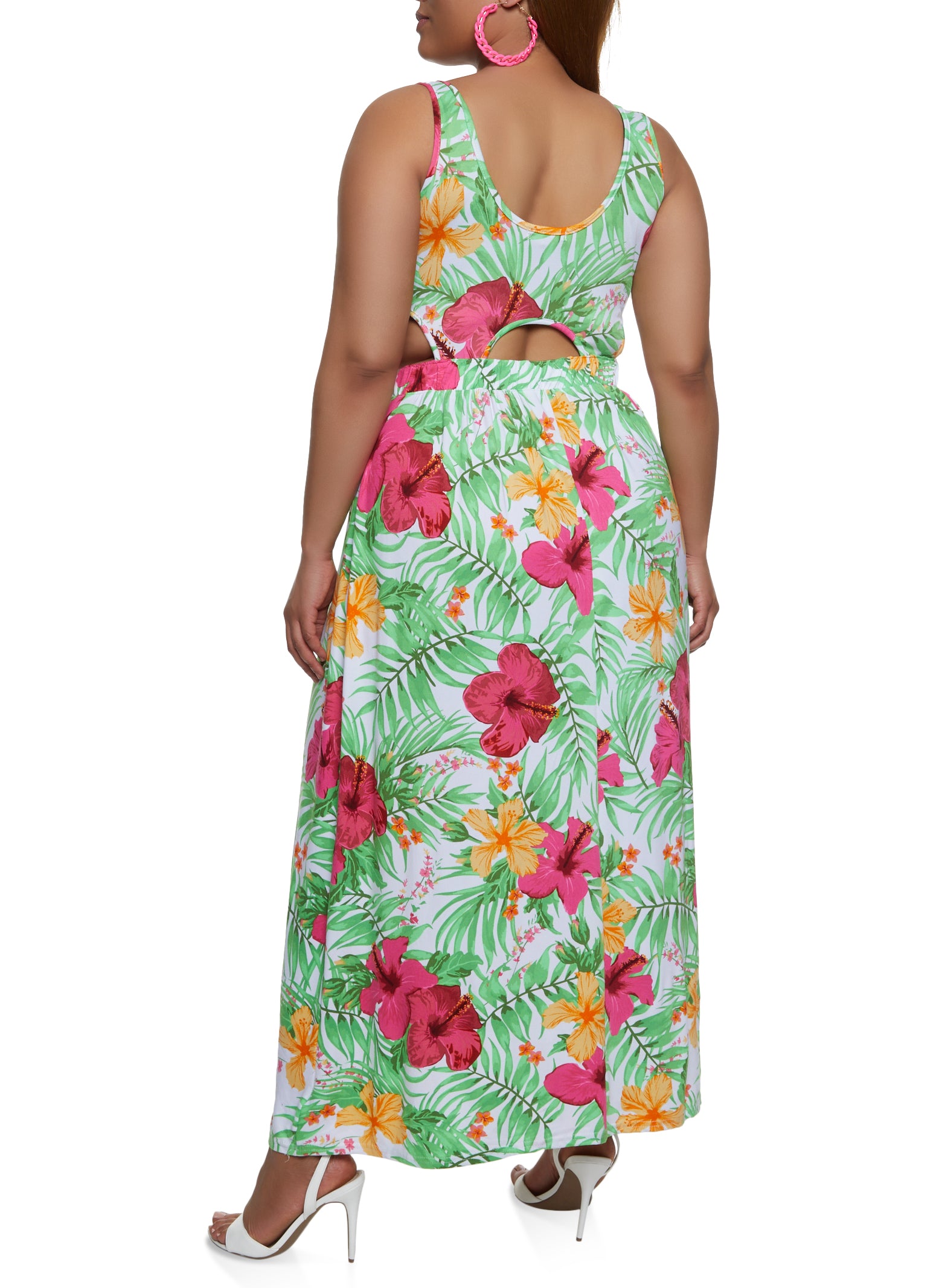 Plus Size Tropical Print Cut Out Maxi Dress