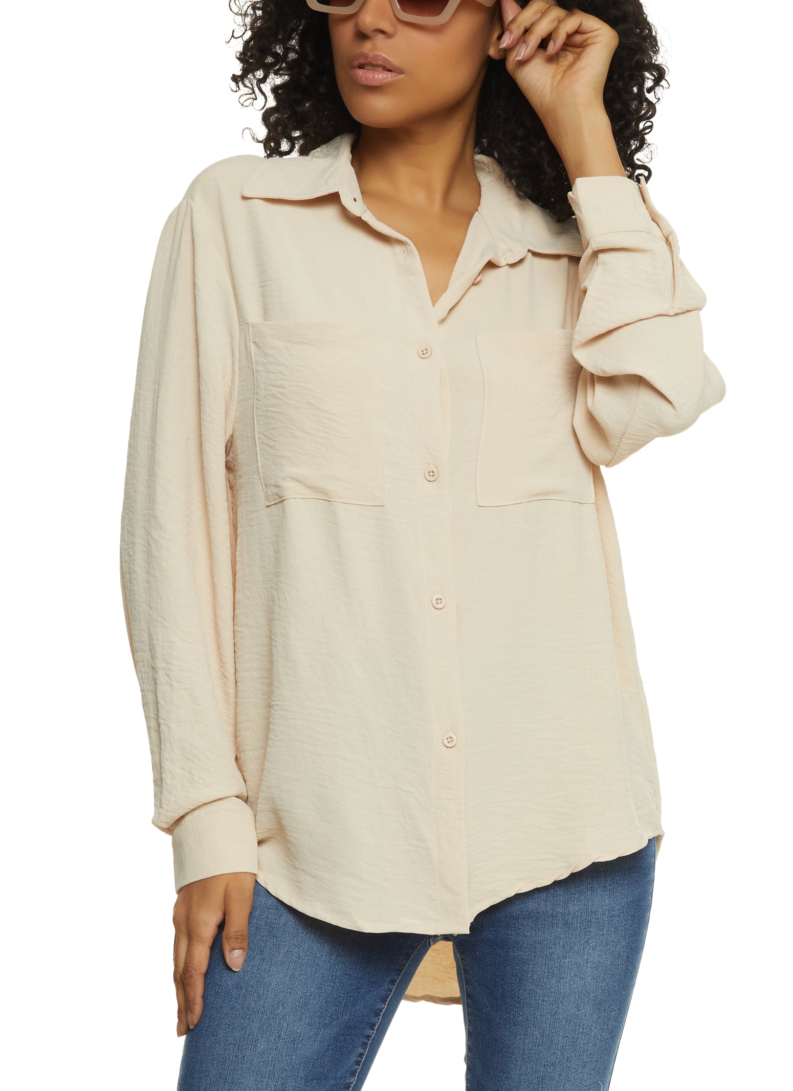 Womens Crepe Knit Button Front Shirt, Beige, Size M