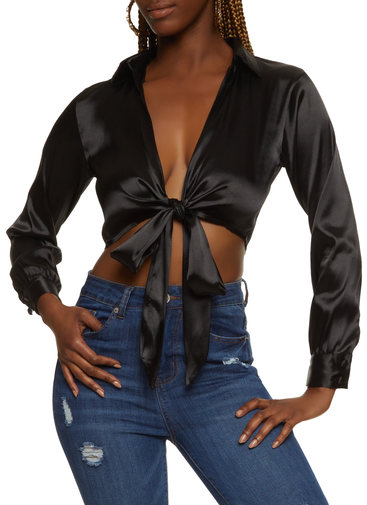 Satin Patterned Twist Front Crop Top