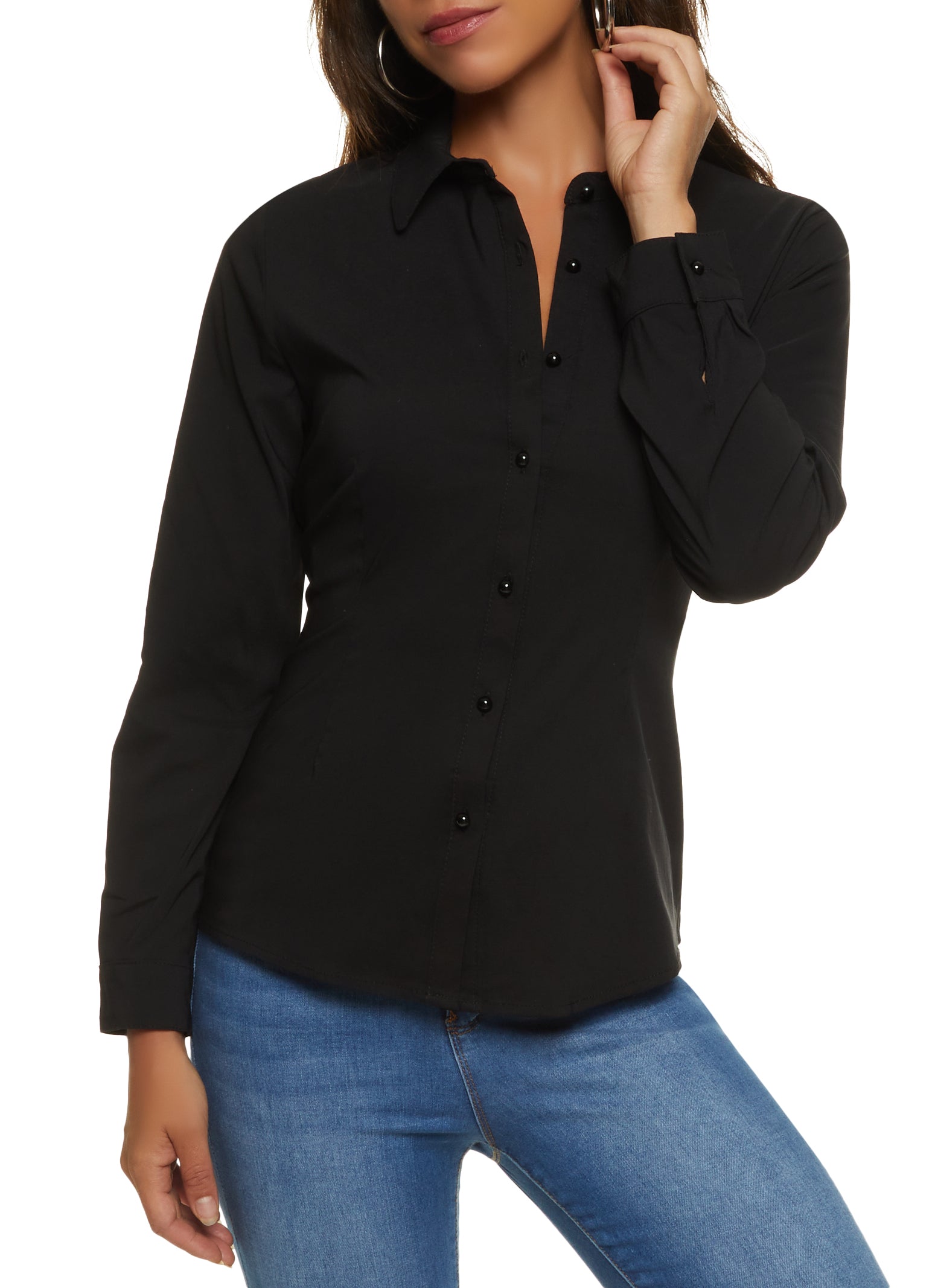 Womens Long Sleeve Faux Pearl Button Front Shirt, Black, Size S