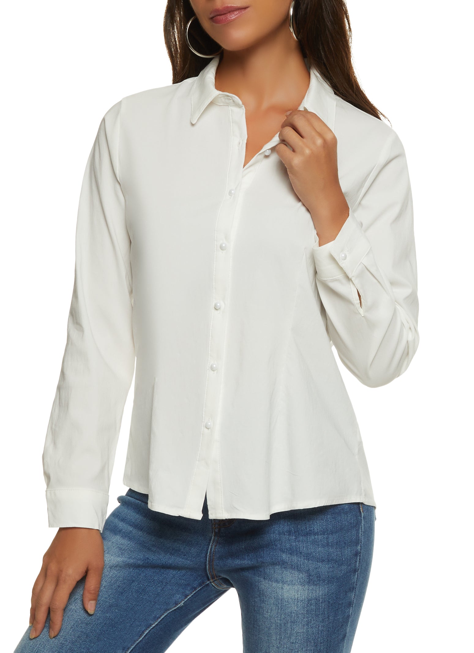 Womens Long Sleeve Faux Pearl Button Front Shirt, White, Size S