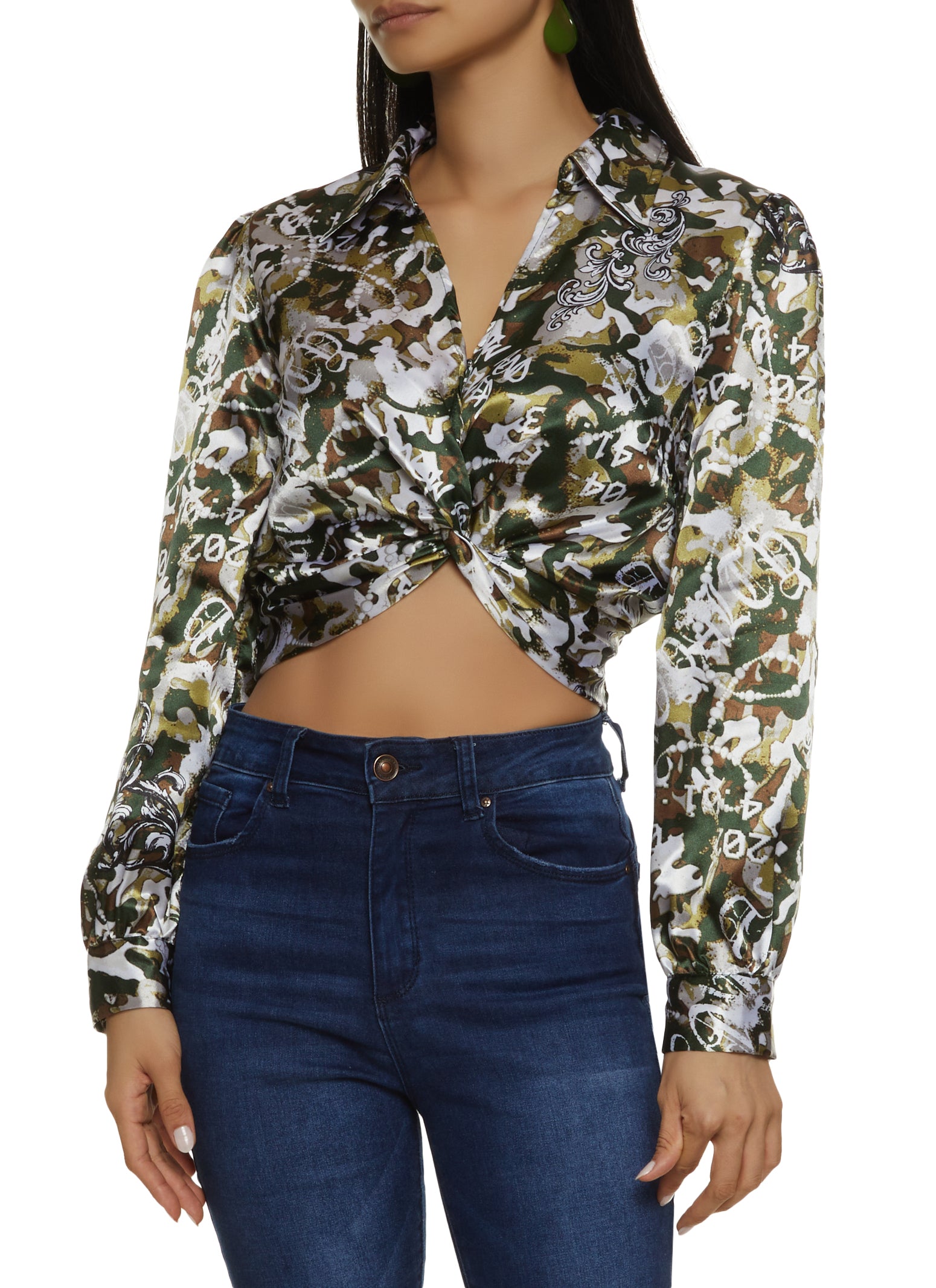 Womens Satin Patterned Twist Front Crop Top, M