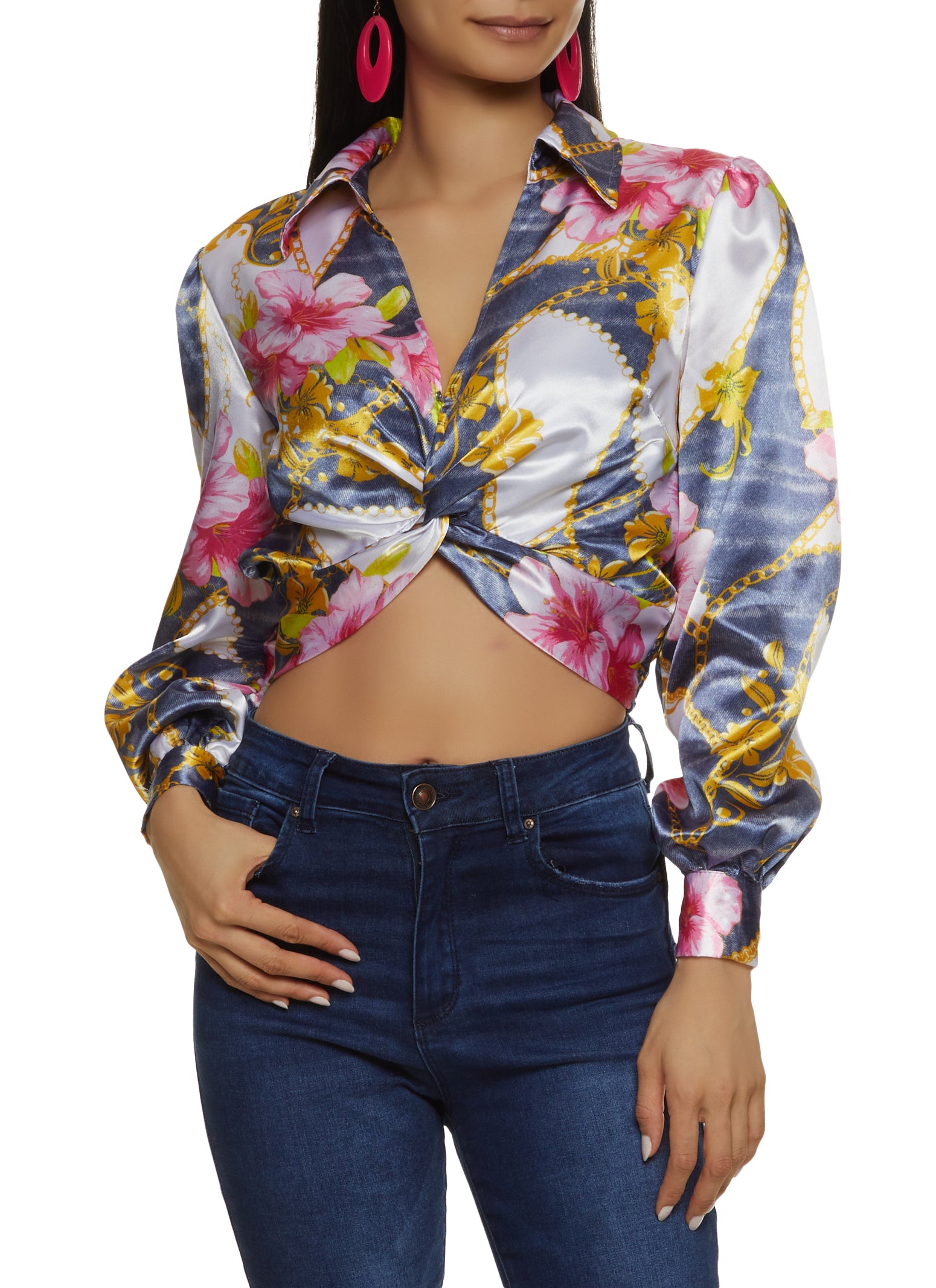 Womens Satin Patterned Twist Front Crop Top, Multi, Size M