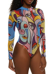 Womens Printed Mesh Mock Neck Bodysuit, ,