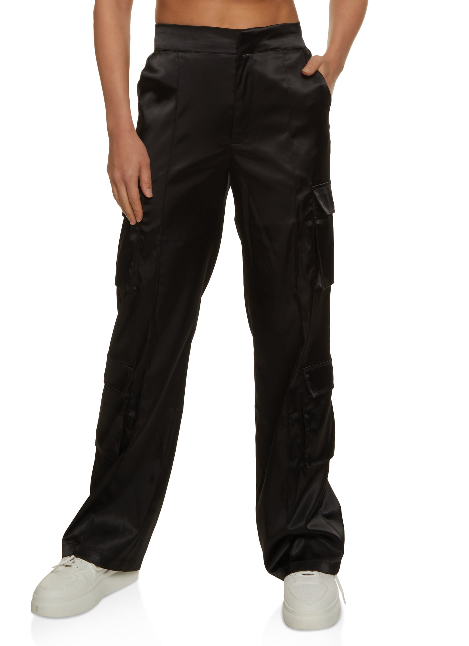 Womens Satin Wide Leg Cargo Pocket Dress Pants, M