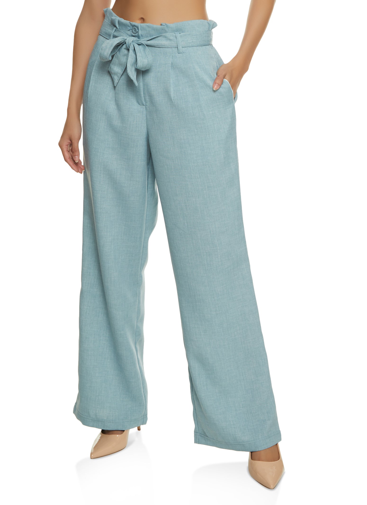 Womens Linen Paper Bag Waist Wide Leg Pants,