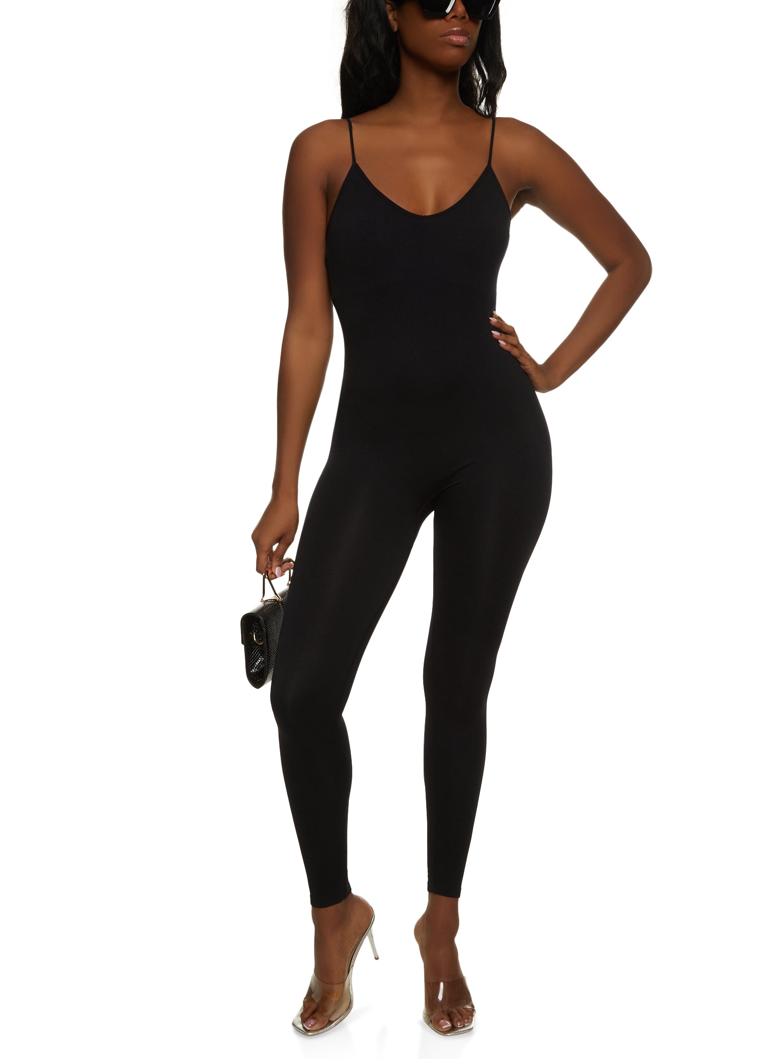 Womens Seamless Sleeveless Cami Catsuit, Black, Size S-M