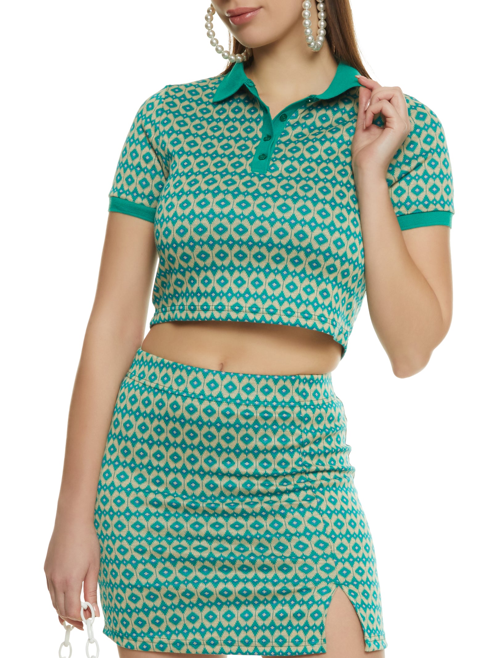 Womens Printed Cropped Polo Shirt, Green, Size S