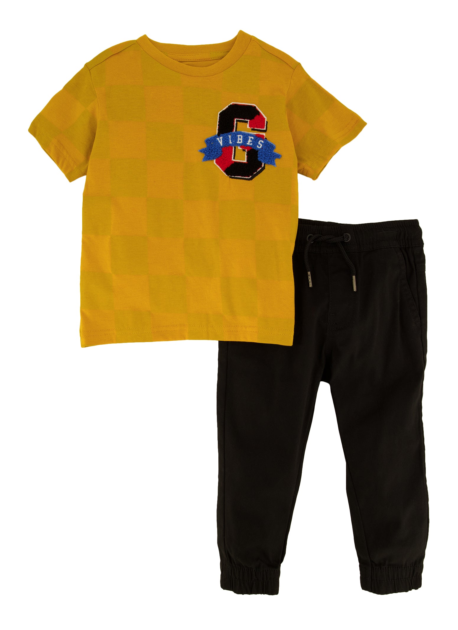 Toddler Boys Checkered G Vibes Chenille Patch Tee and Joggers, Yellow, Size 4T