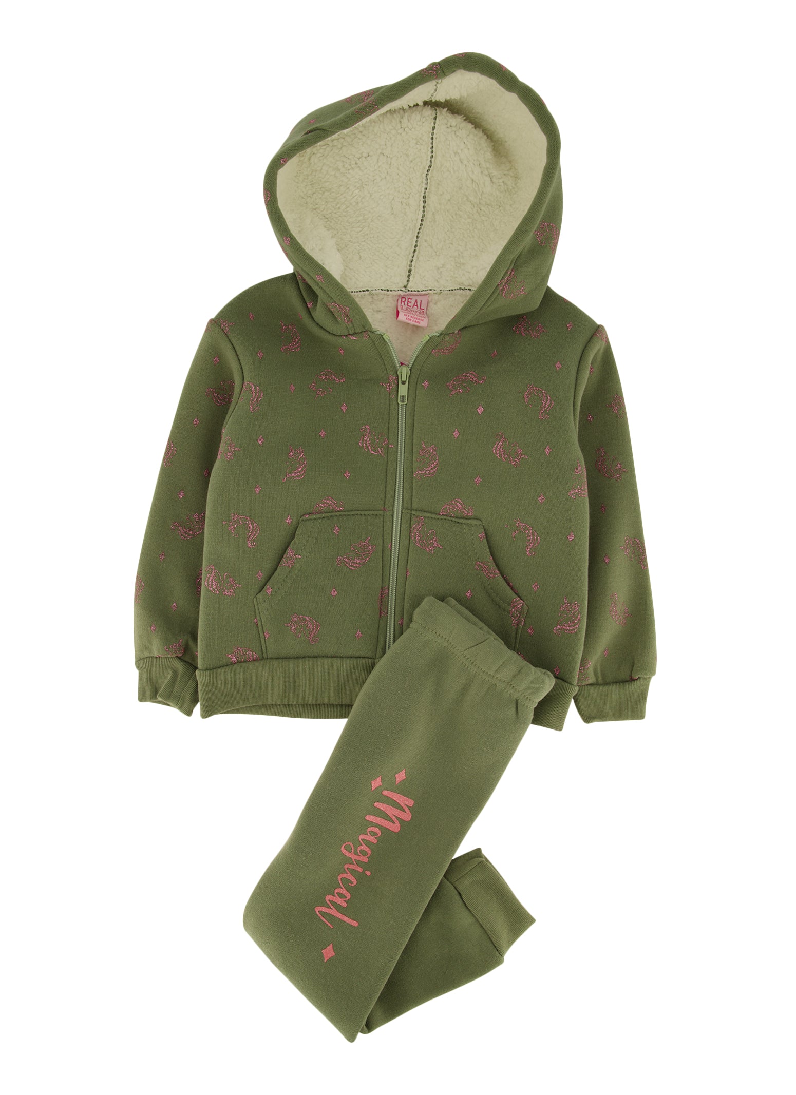 Toddler Girls Glitter Unicorn Zip Up Sherpa Lined Hoodie and Joggers, Green, Size 2T