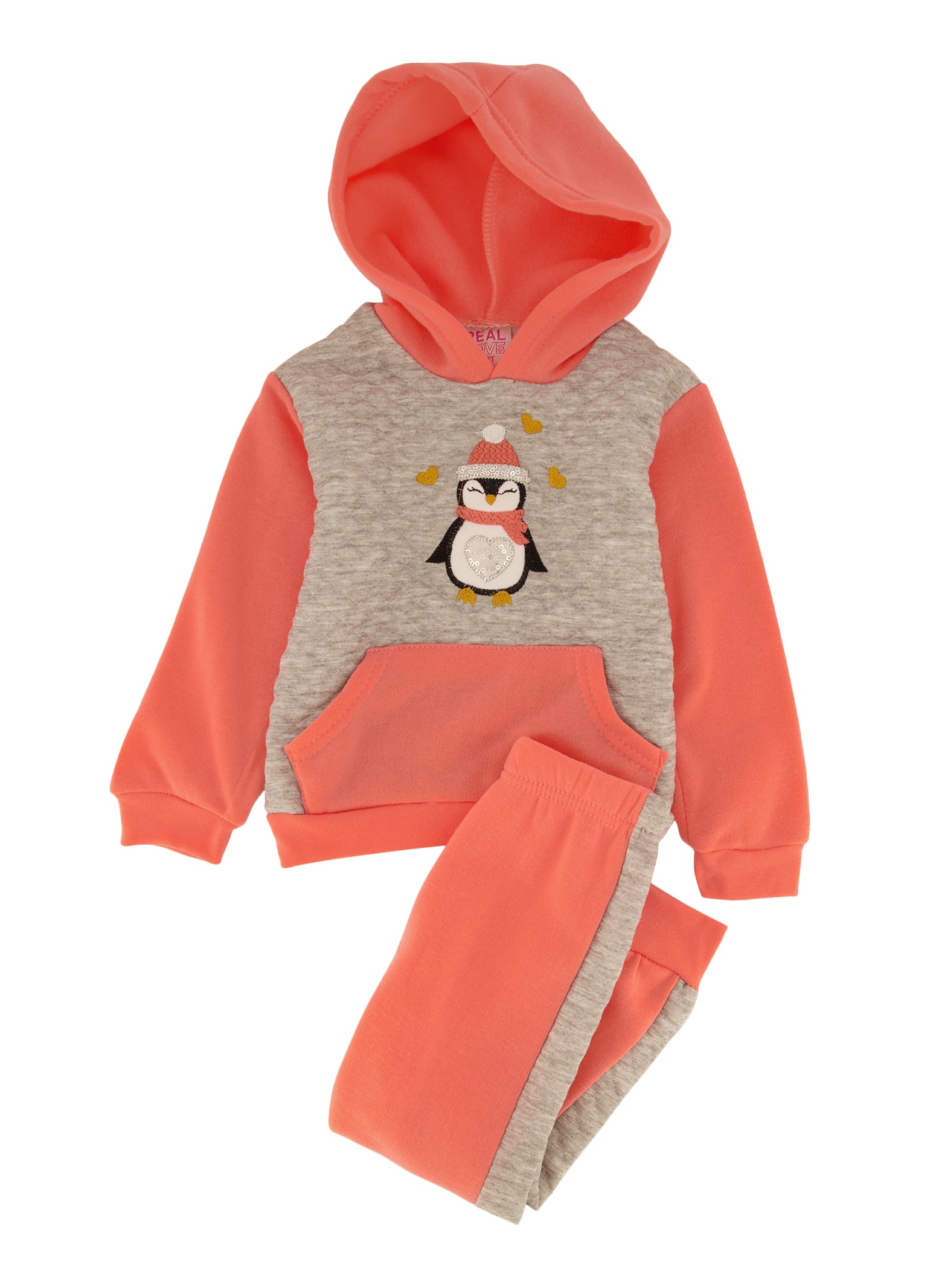 Toddler Girls Penguin Graphic Hoodie and Joggers Set, Orange, Size 2T