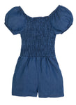 Toddler Short Sleeves Sleeves Bubble Dress Denim Smocked Square Neck Open-Back Romper With a Bow(s)