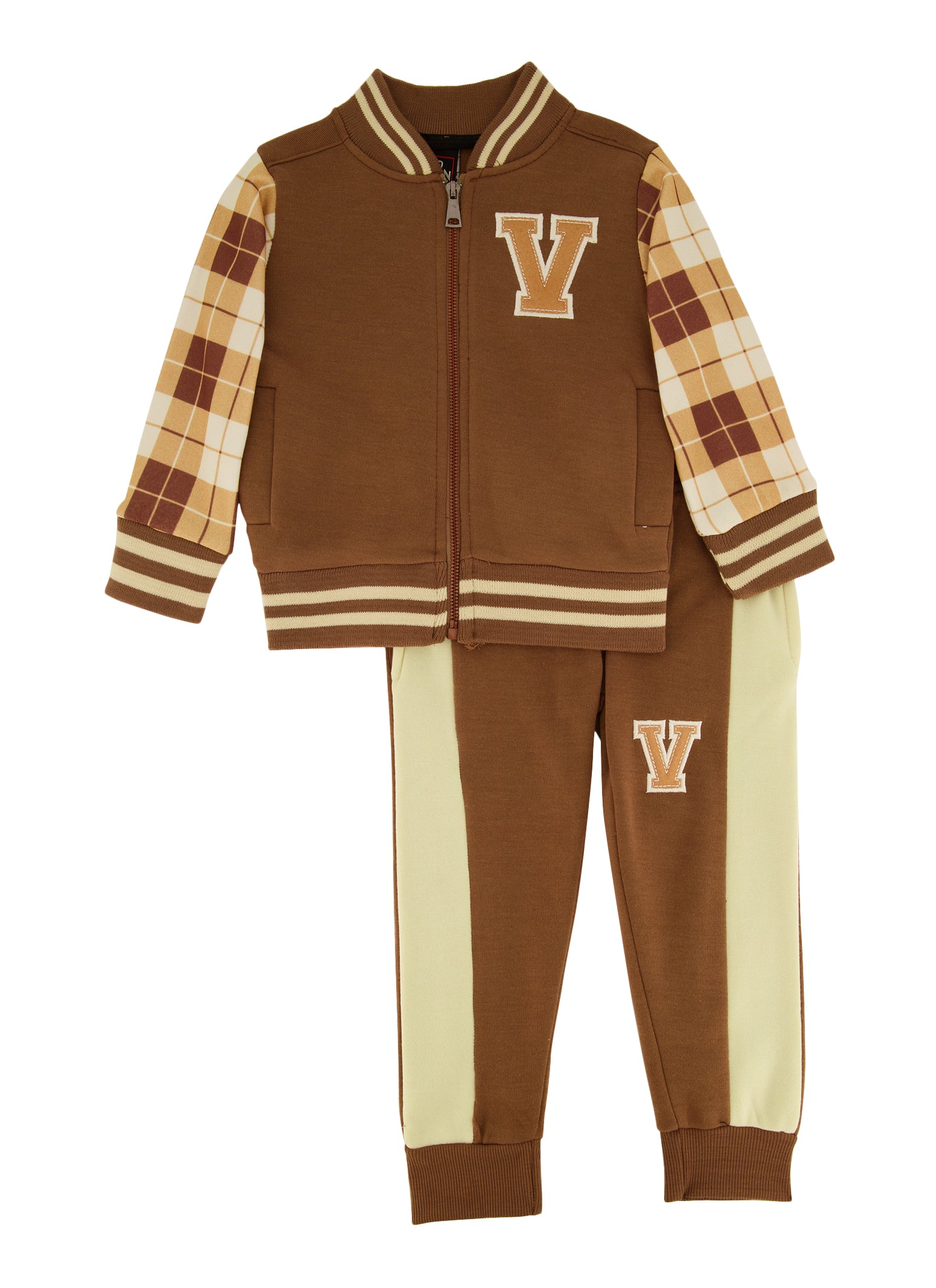 Toddler Boys Plaid Varsity Bomber Jacket and Joggers, Brown, Size 3T