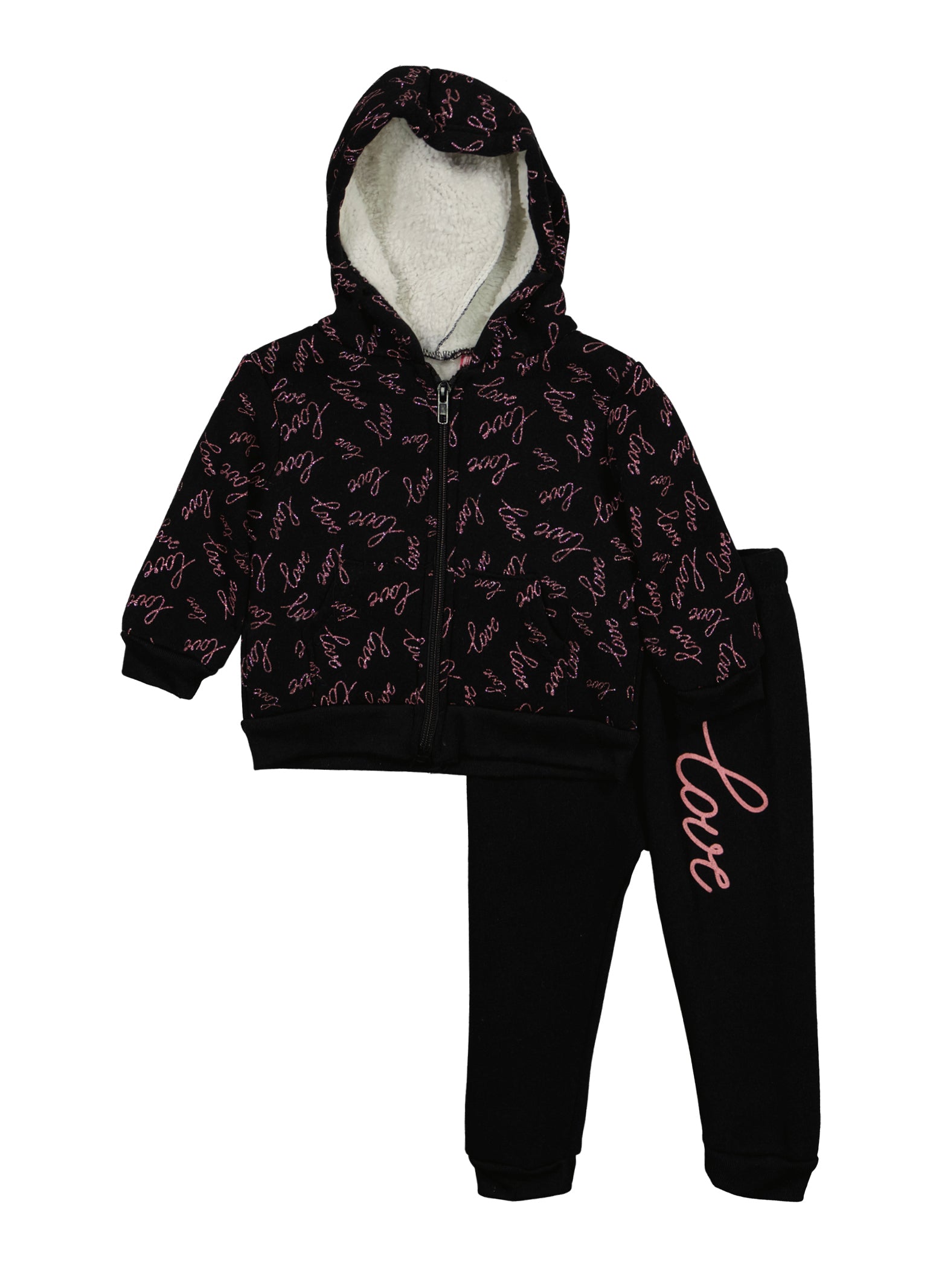 Rainbow Shops Baby Girls 12-24M Love Printed Zip Front Hoodie and Joggers,  Black, Size 12M