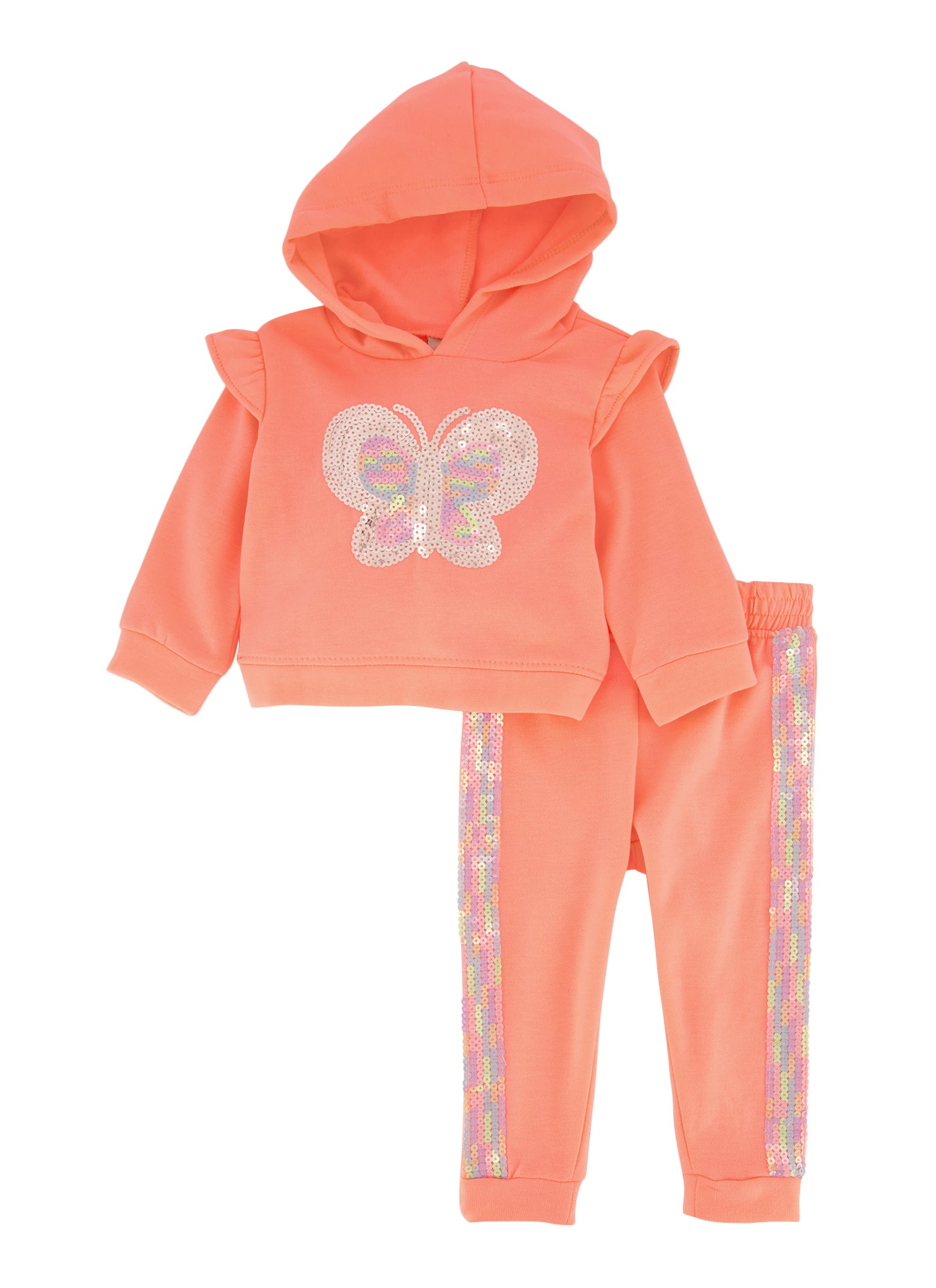 Baby Girls 12-24M Butterfly Sequin Hoodie and Joggers, Orange, Size 12M