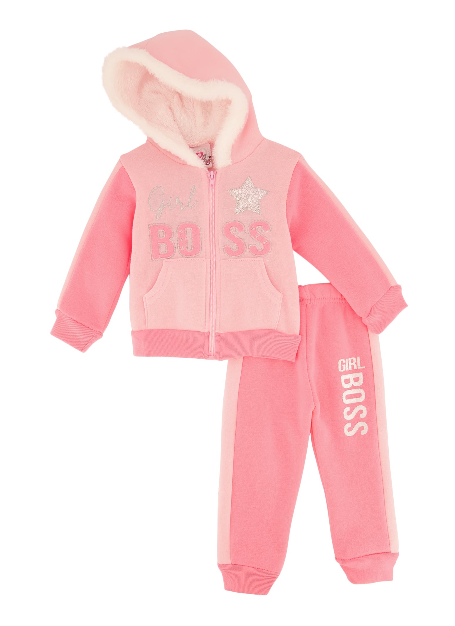 Baby Girls 12-24M Sherpa Lined Girl Boss Sequin Hoodie and Joggers, Pink, Size 18M