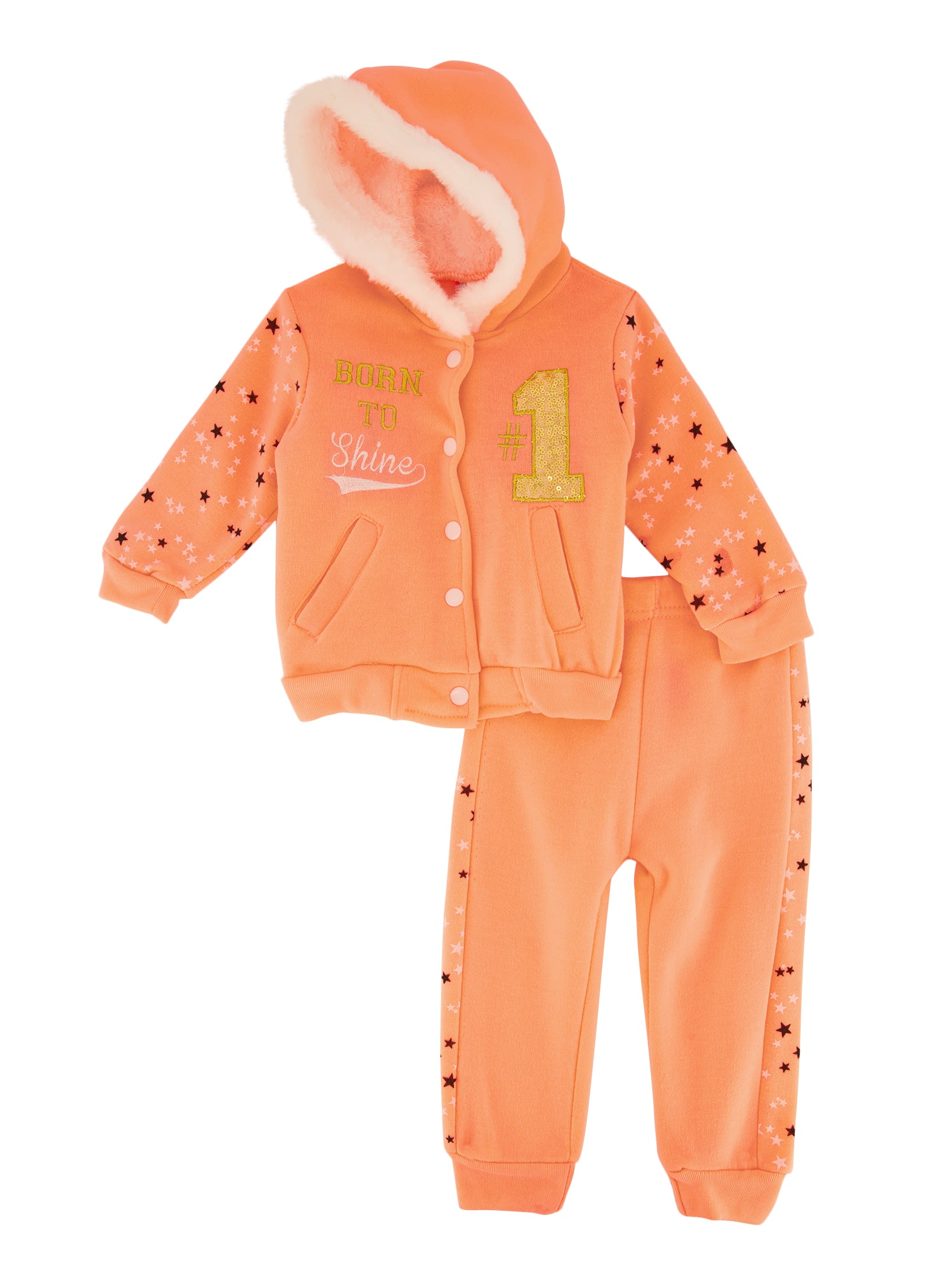 Baby Girls 12-24M Born to Shine Sequin Zip Front Hoodie and Joggers, Orange, Size 18M