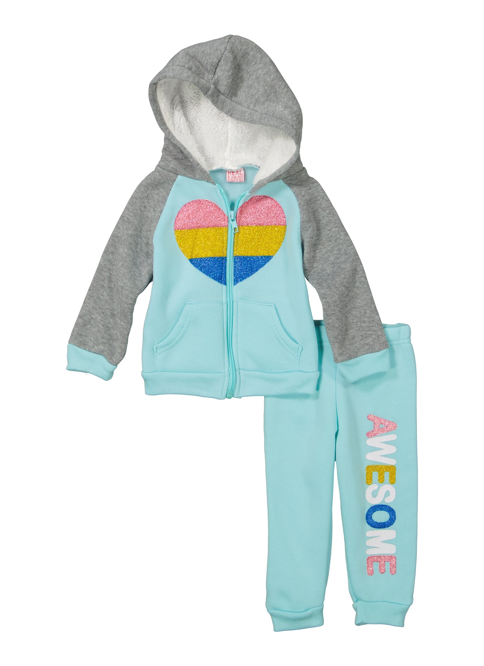 Baby Girls 12-24M Glitter Graphic Zip Up Sherpa Lined Hoodie and Joggers, Blue, Size 12M