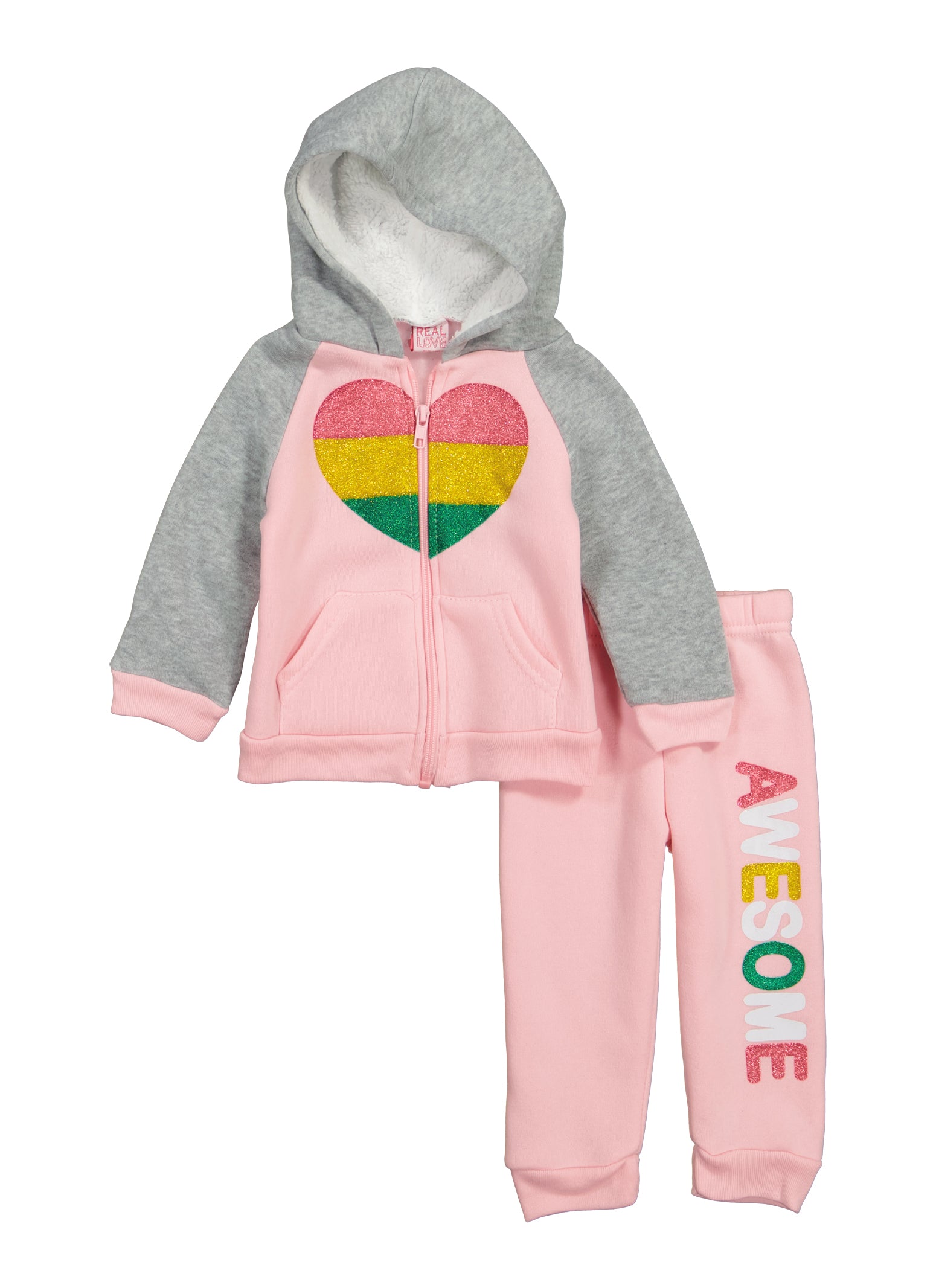 Baby Girls 12-24M Glitter Graphic Zip Up Sherpa Lined Hoodie and Joggers, Pink, Size 18M