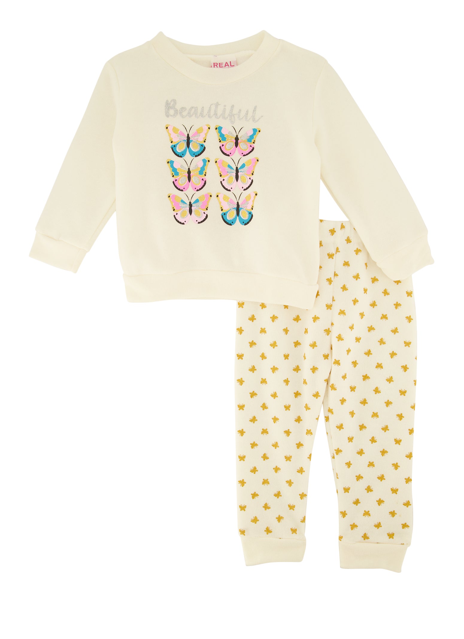 Baby Girls 12-24M Glitter Beautiful Graphic Sweatshirt and Printed Joggers, White, Size 18M