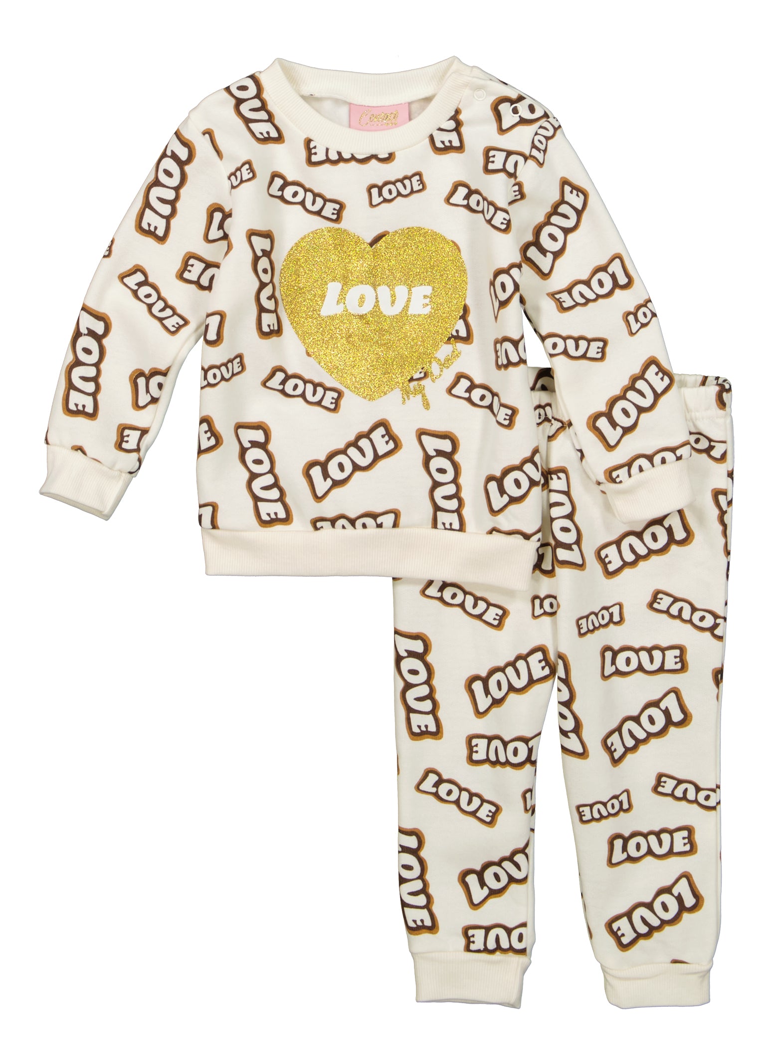 Baby Girls 12-24M Glitter Love Graphic Sweatshirt and Joggers, Beige, Size 24M