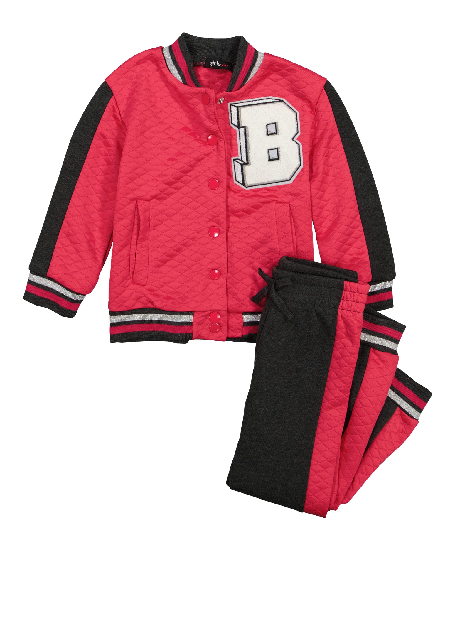 Little Girls B Initial Patch Varsity Jacket and Joggers, Pink, Size 4