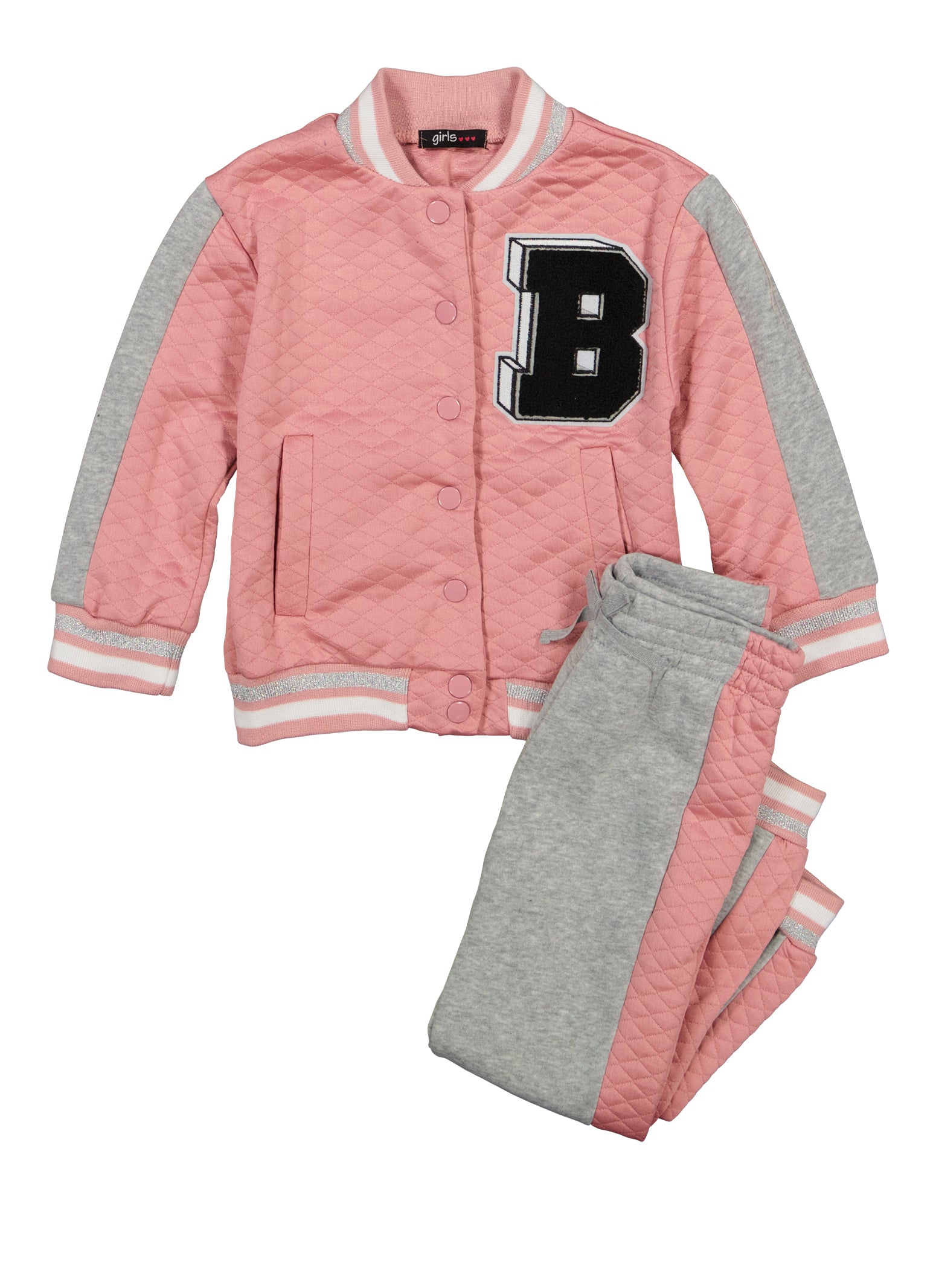 Little Girls B Initial Patch Varsity Jacket and Joggers, Grey, Size 4