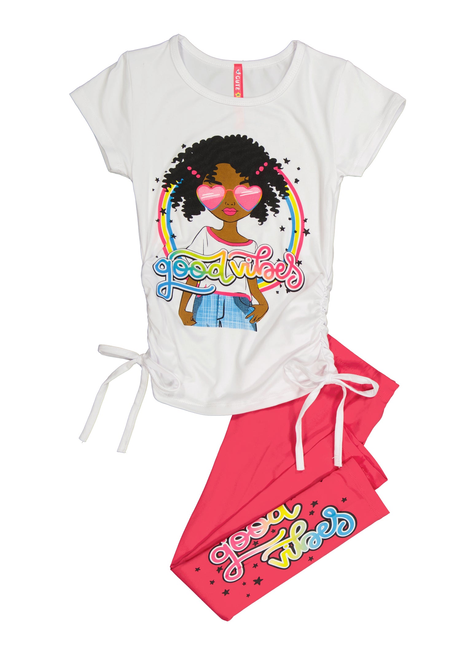 Little Girls Good Vibes Graphic Tee and Leggings, White, Size 5-6