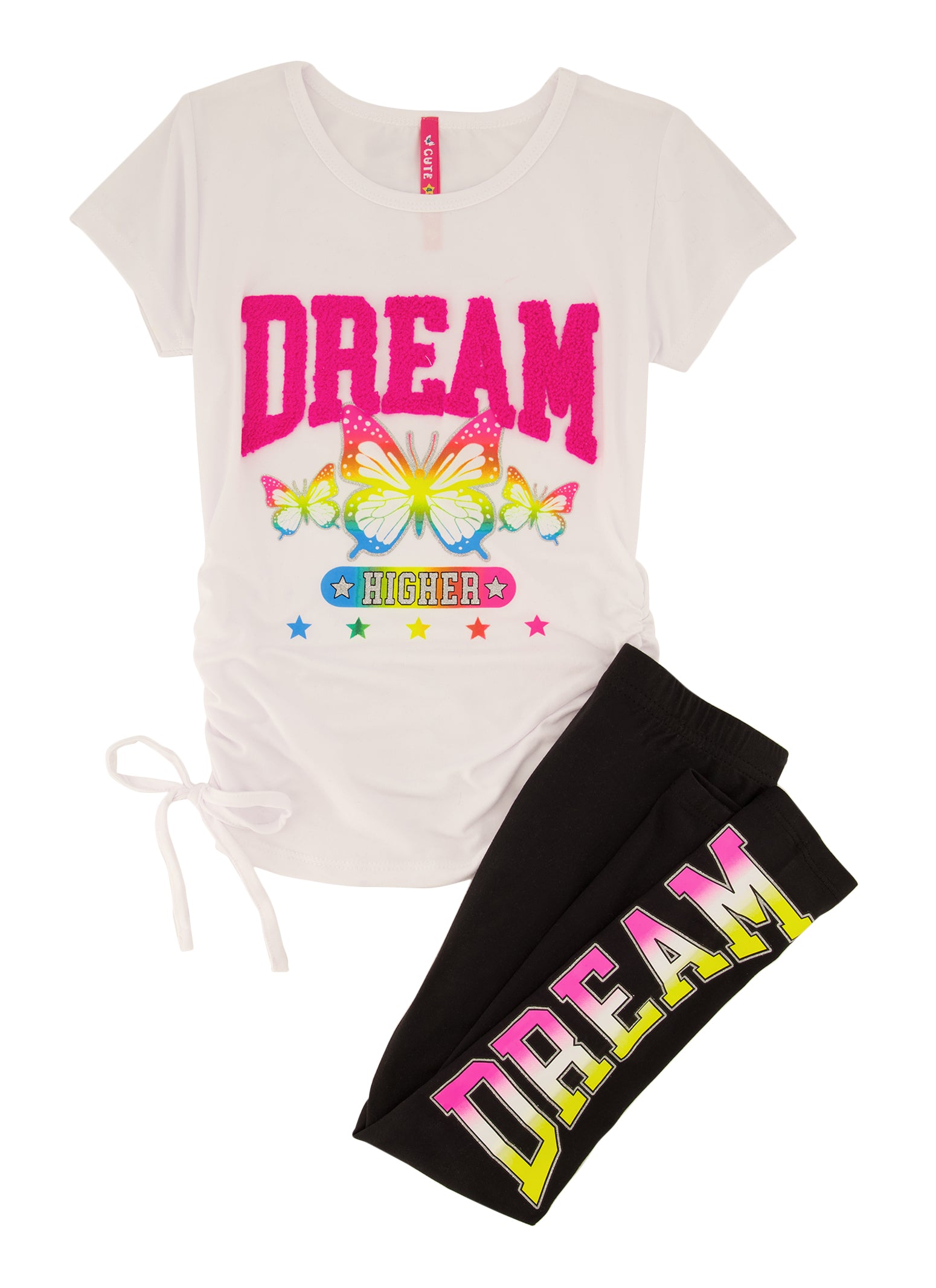 Little Girls Dream Higher Chenille Patch Graphic Tee and Leggings, White, Size 5-6
