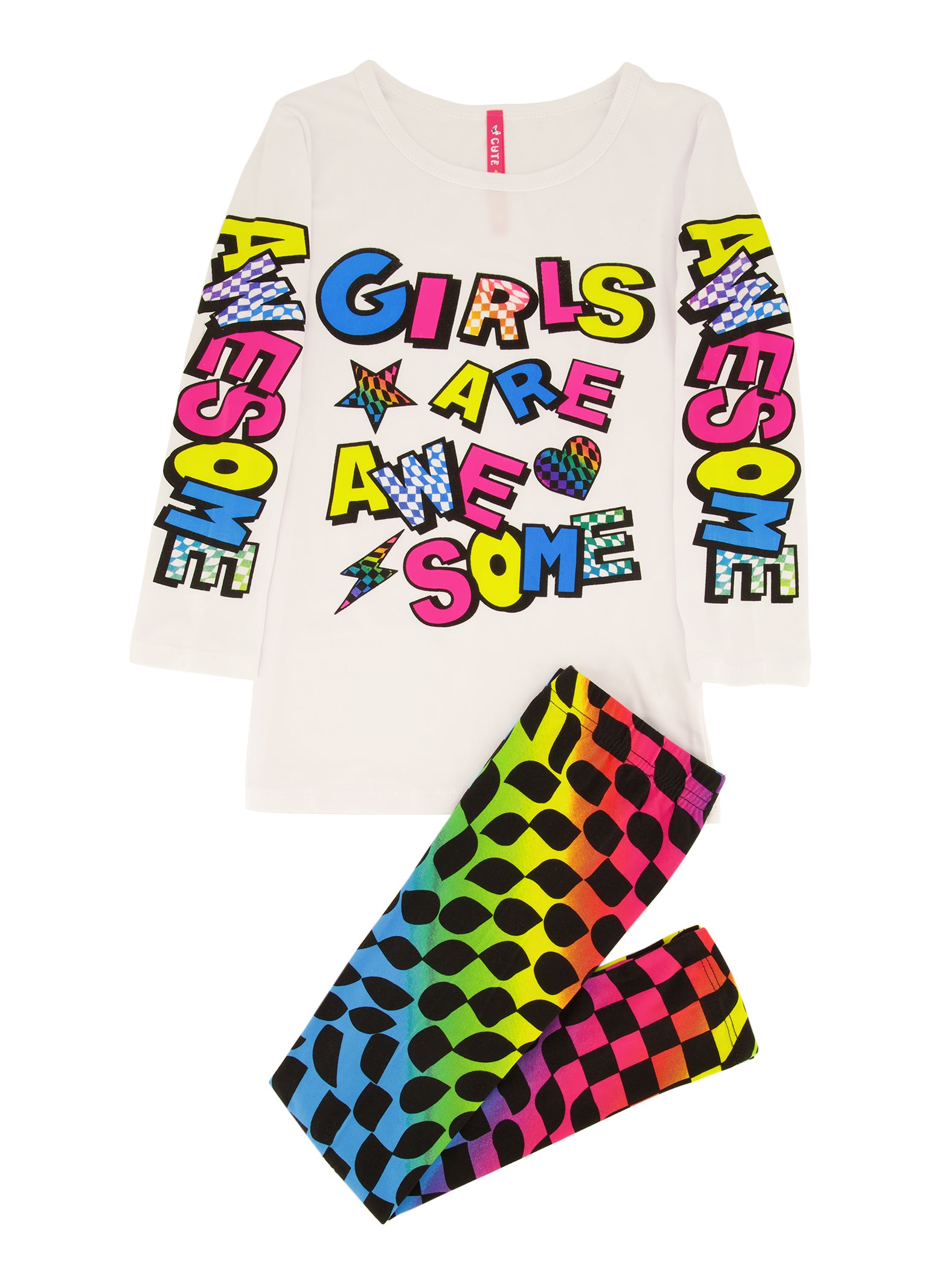 Rainbow Shops Little Girls Girls Are Awesome Graphic Top and Checkered Leggings  Set, Multi, Size 5-6