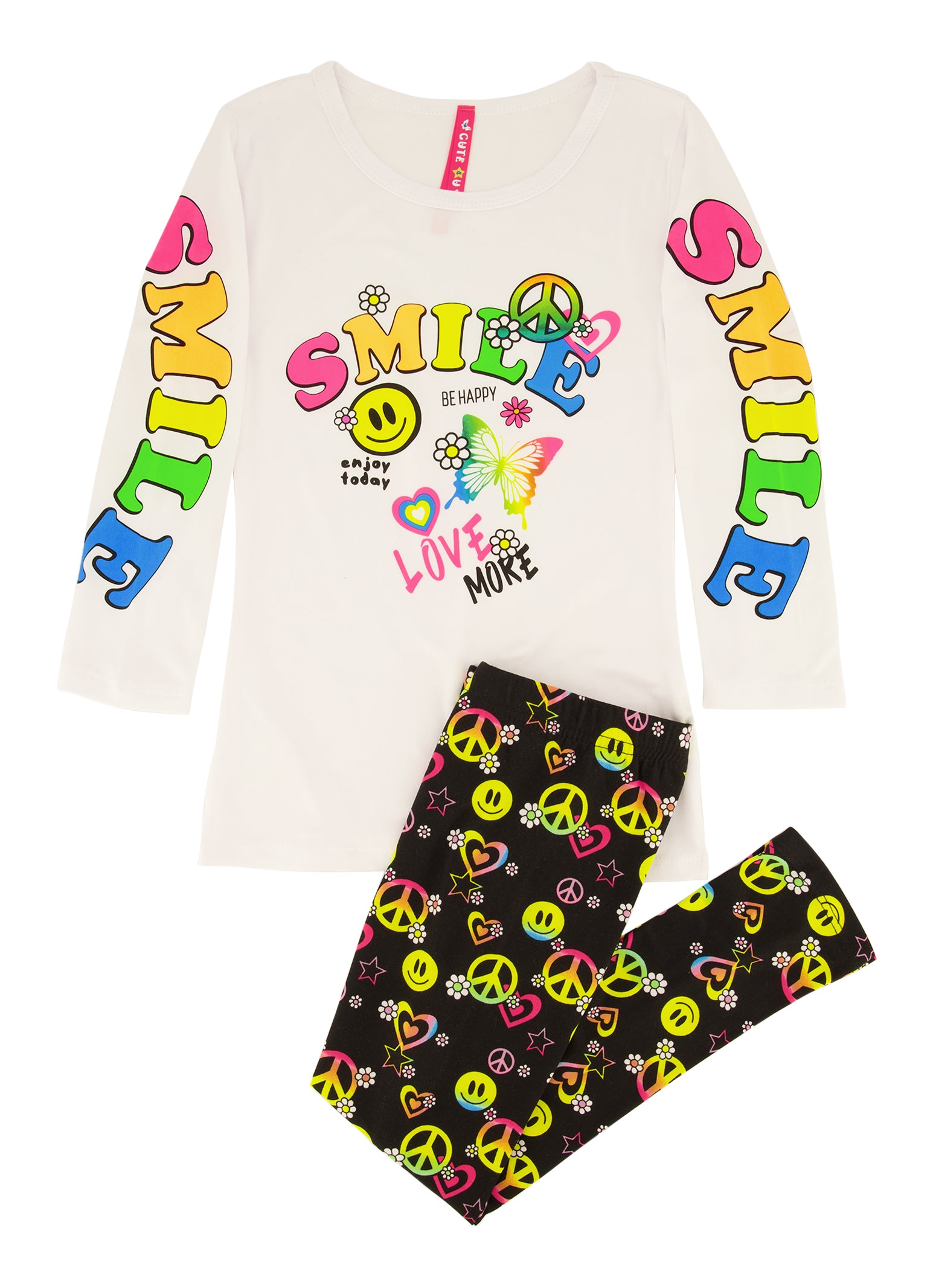 Little Girls Smile Smiley Graphic Print Top and Leggings Set, White, Size 6X