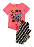 Little Girls Glitter Be Happy Tie Front Tee And Printed Leggings, ,