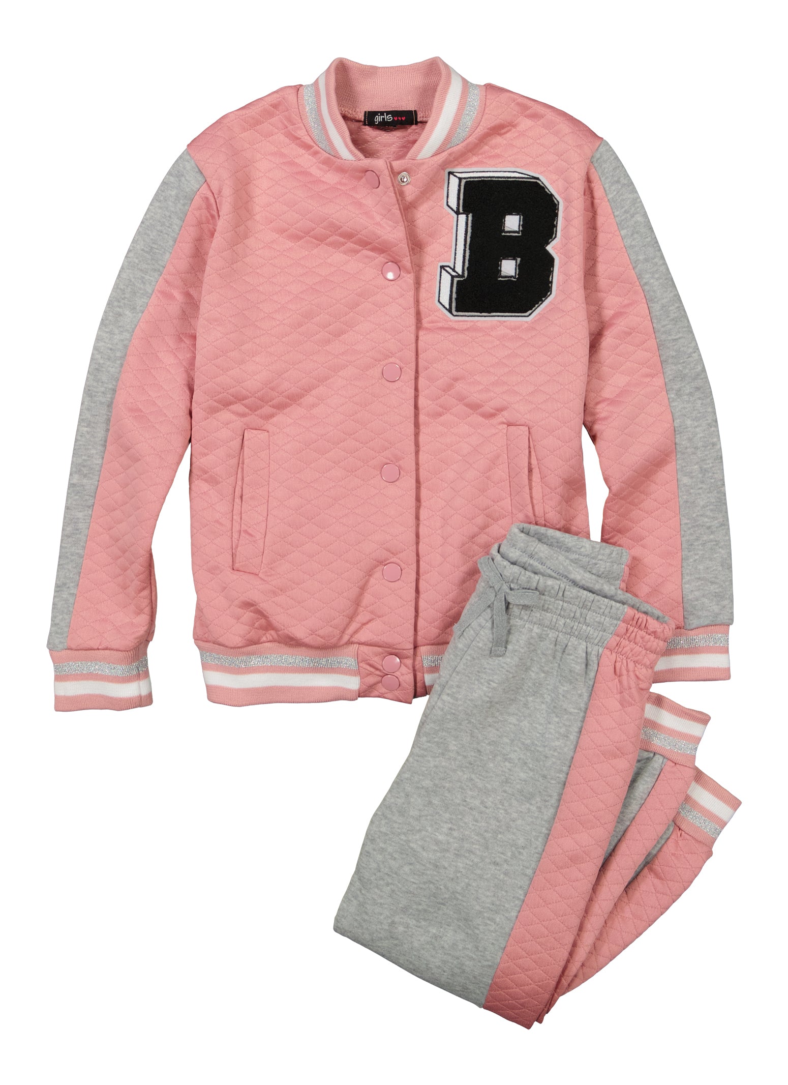 Girls B Initial Chenille Patch Bomber Jacket and Joggers, Pink, Size 10-12