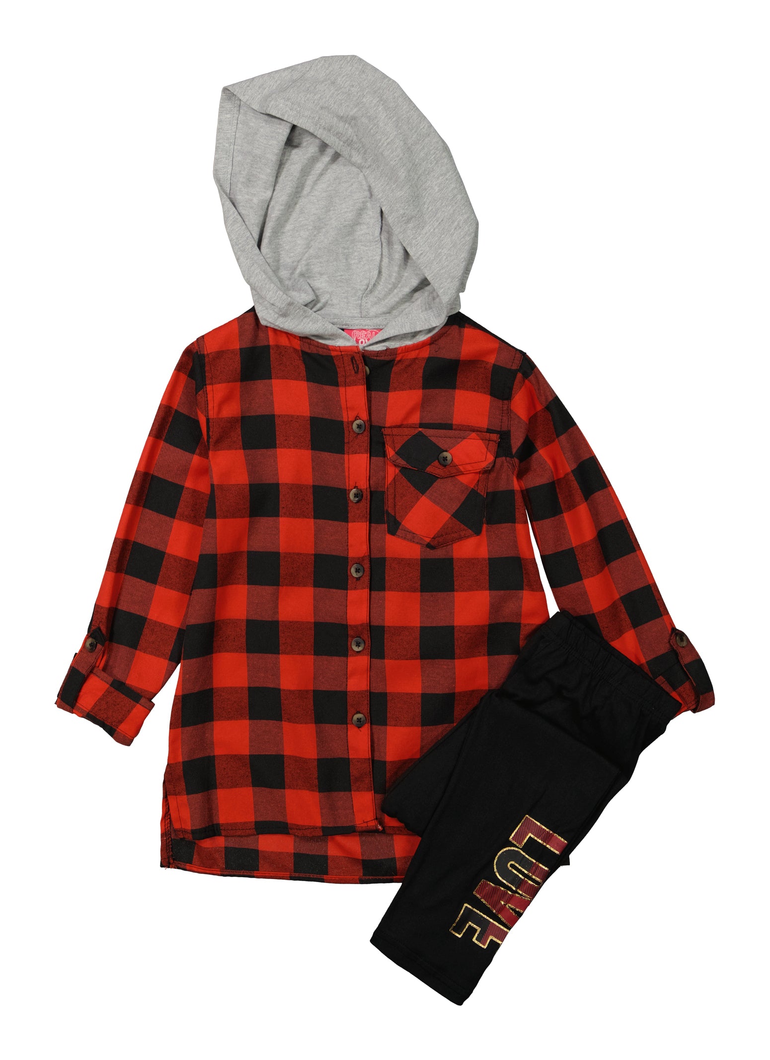 Girls Plaid Hooded Shirt and Graphic Leggings, Red, Size 7-8