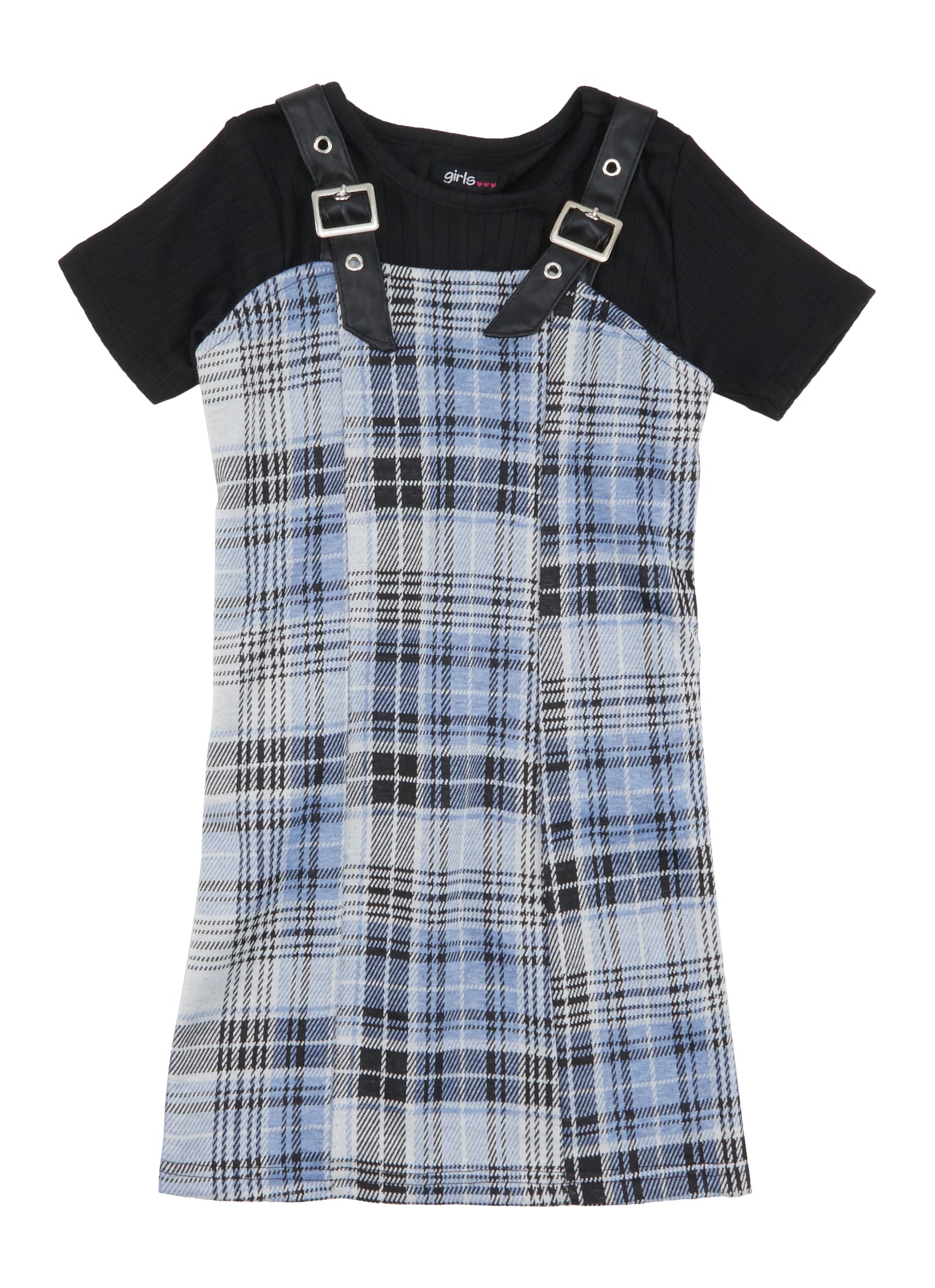 Little Girls Plaid Overall Dress with Ribbed Knit Tee,