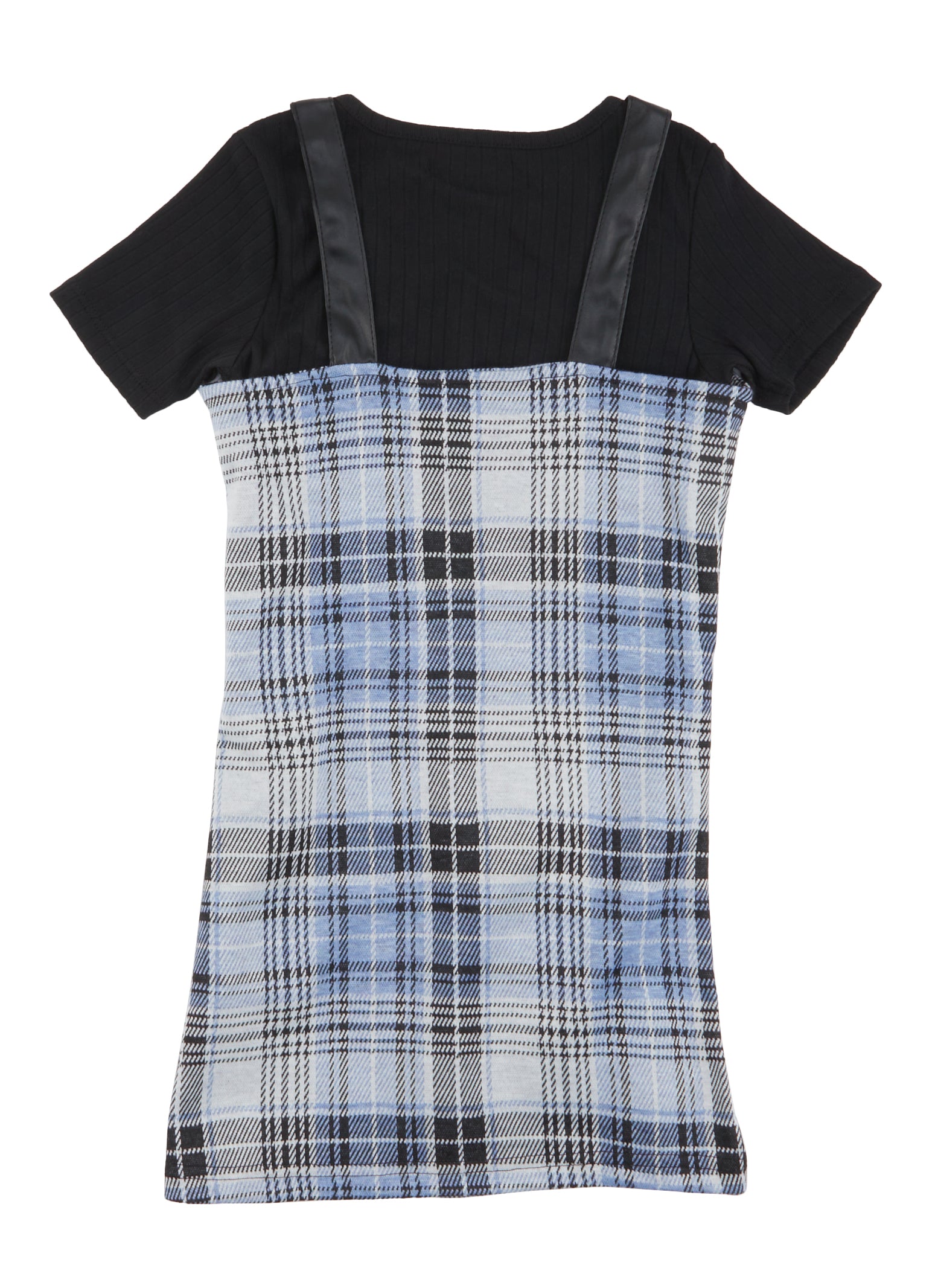 Little Girls Plaid Overall Dress with Ribbed Knit Tee,