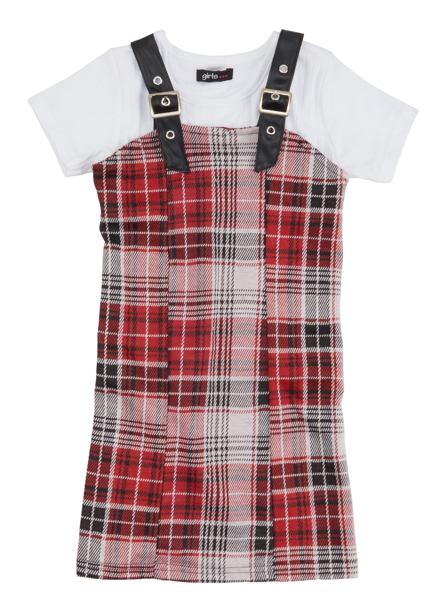 Little Girls Plaid Overall Dress with Ribbed Knit Tee,