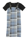 Girls Plaid Print Square Neck Short Sleeves Sleeves Sleeveless Faux-Leather Midi Dress